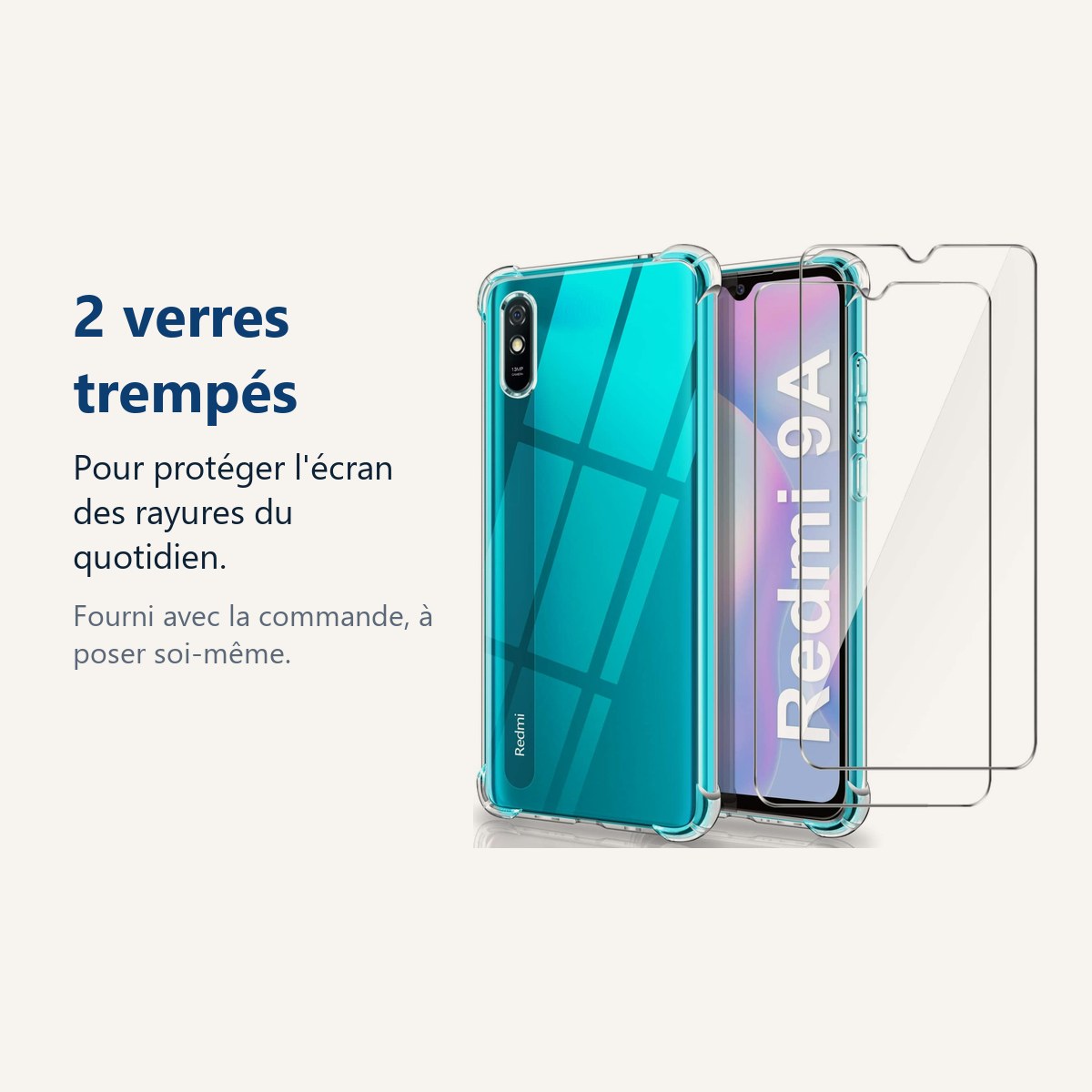 Verre trempé pour protéger lécran – Coque Silicone Transparente Angles Renforces + 2 Verres Trempes Pour Xiaomi Redmi 9A