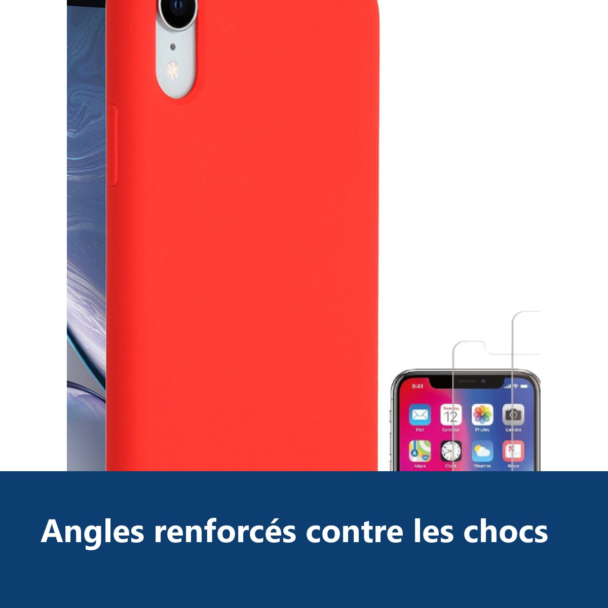 Vue de détail – Coque Silicone pour iPhone X / Xs Rouge Antichoc + 2 Verres Trempes