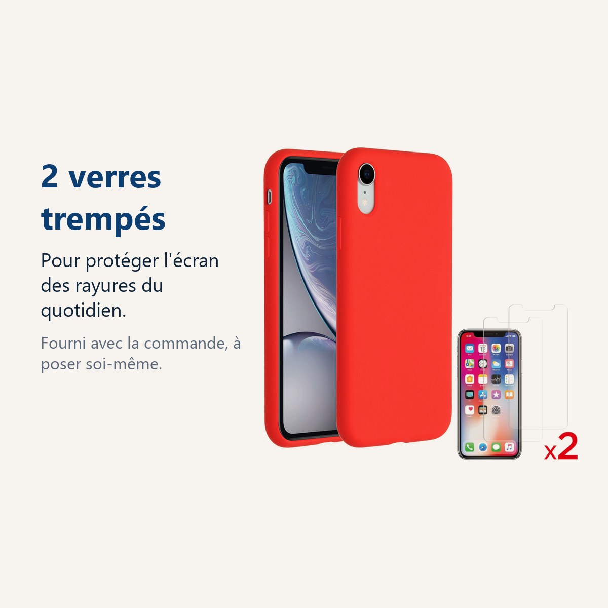 Verre trempé pour protéger lécran – Coque Silicone pour iPhone X / Xs Rouge Antichoc + 2 Verres Trempes