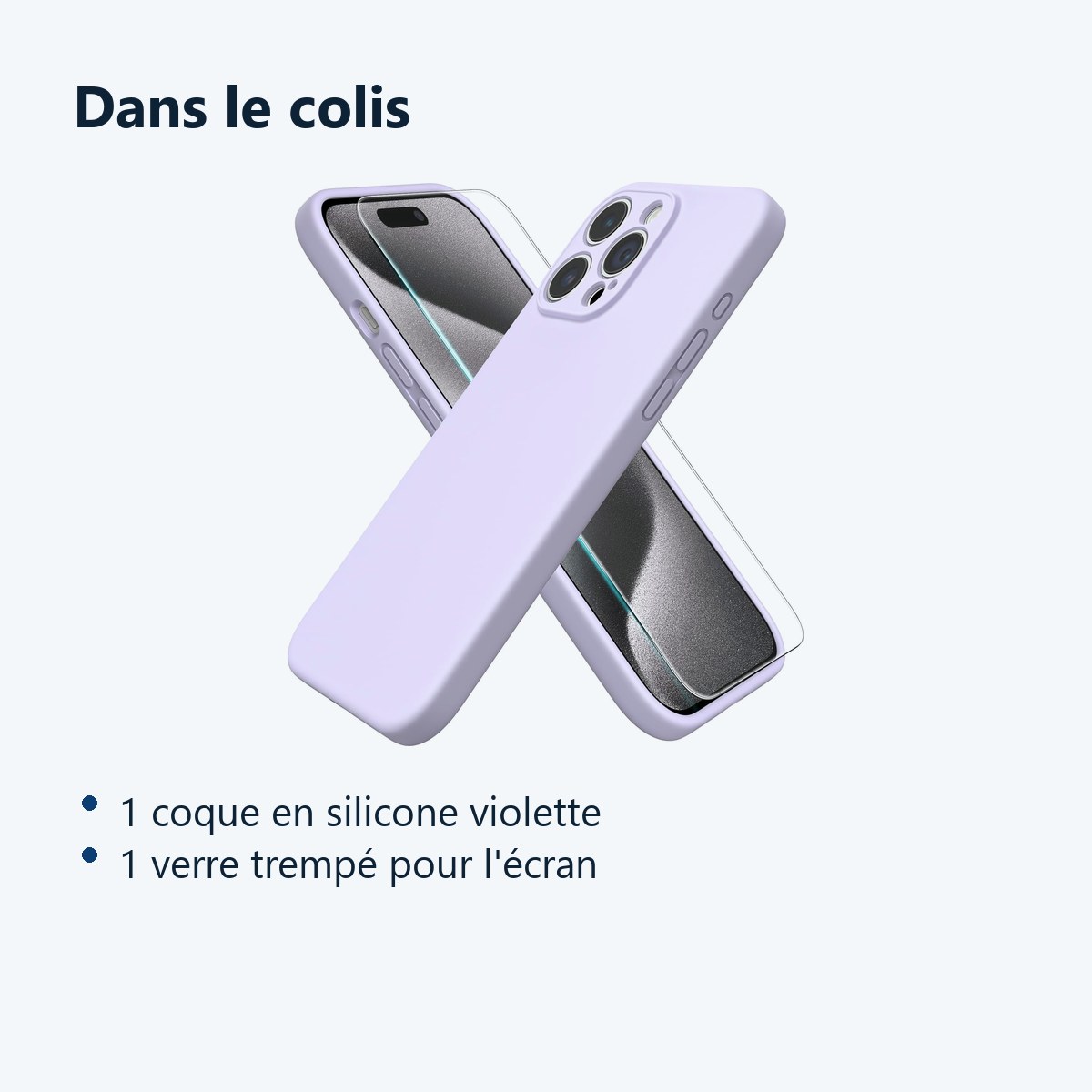 Contenu du colis – Coque Silicone Violet + Verre Trempe Pour iPhone 15 Pro Max