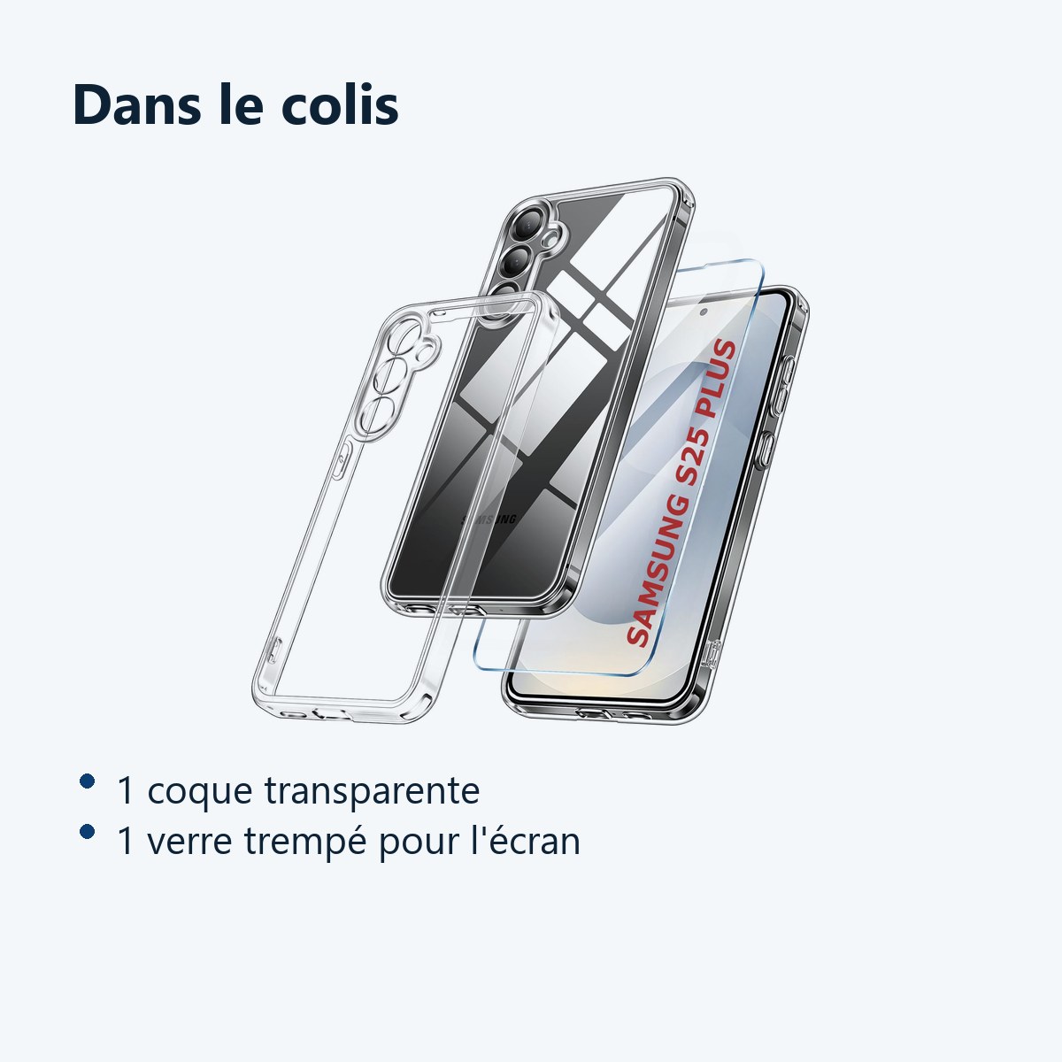 Contenu du colis – Coque Pour Samsung Galaxy S25 Plus Silicone Transparente Angles Renforces + Verre Trempe