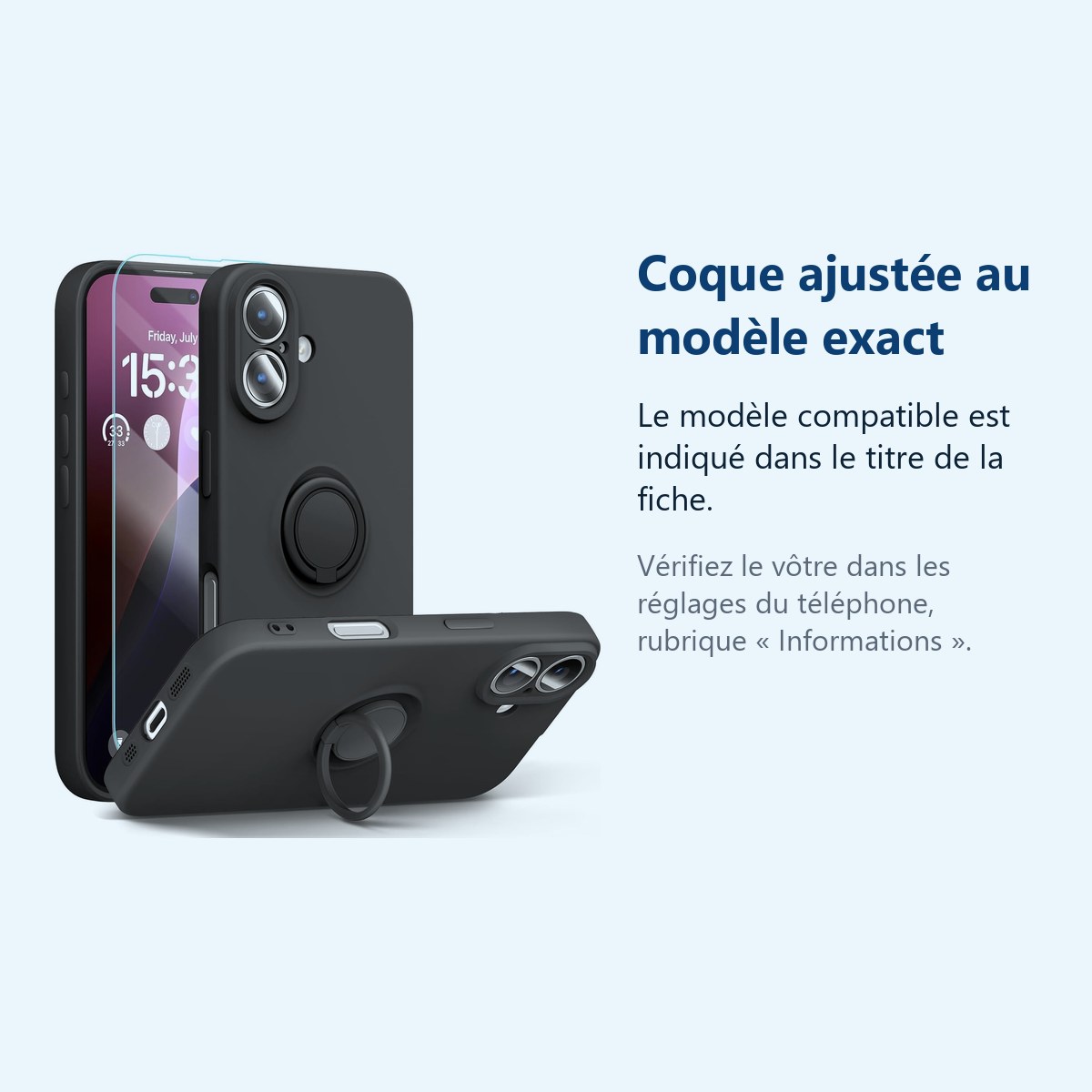 Accessoire ajusté au modèle exact – Coque Silicone Pour iPhone 16 Plus Couleur Noir Avec Anneau Support + Verre Trempe Protec