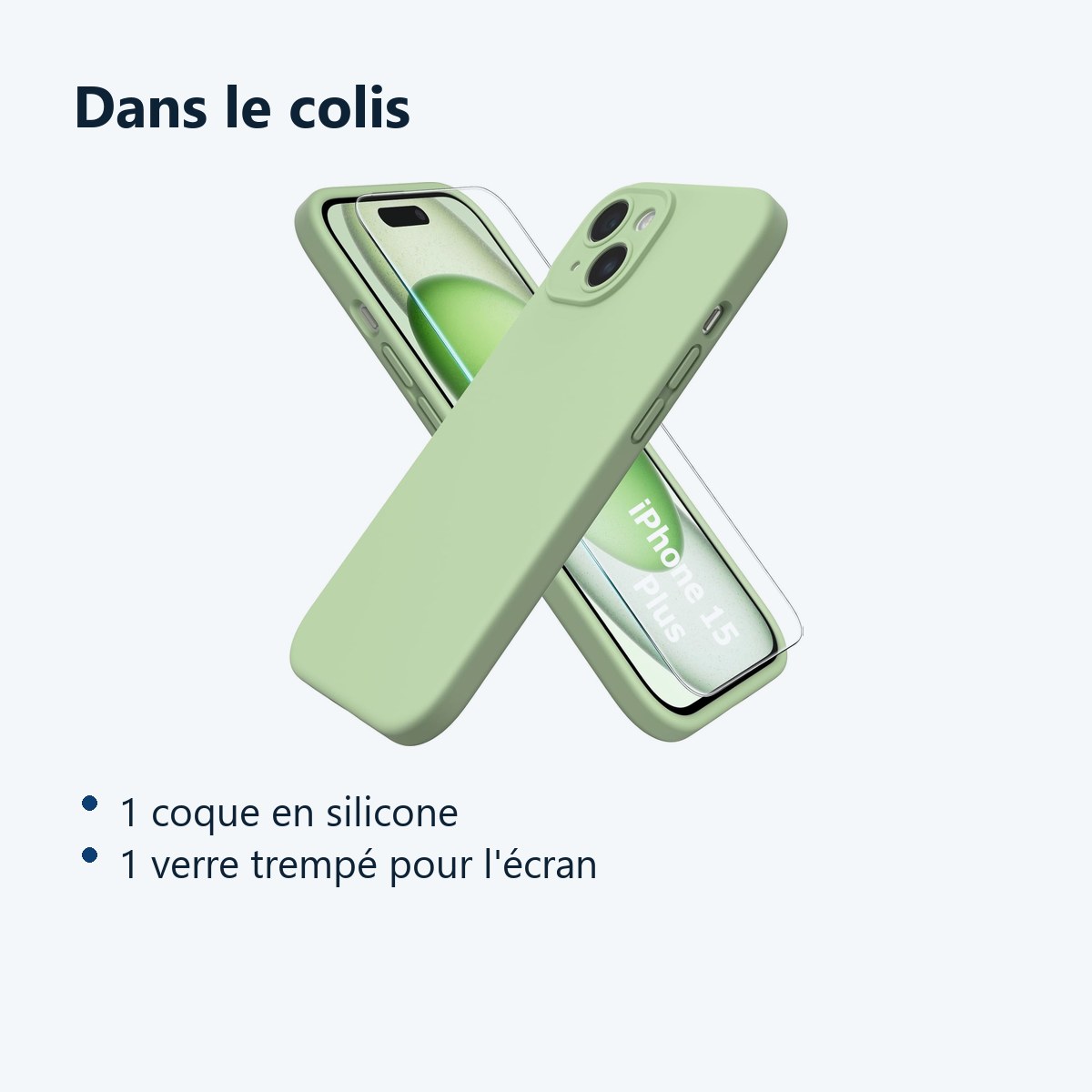 Contenu du colis – Coque Silicone Verte + Verre Trempe Pour iPhone 15 Plus