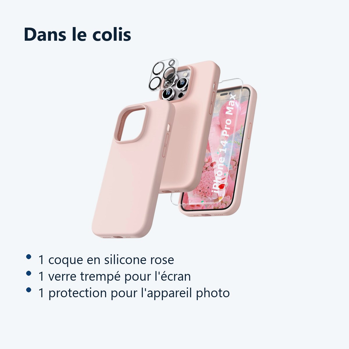 Contenu du colis – Coque Silicone Rose + Verre Trempe et Protection Camera Arriere Pour iPhone 14 Pro Max