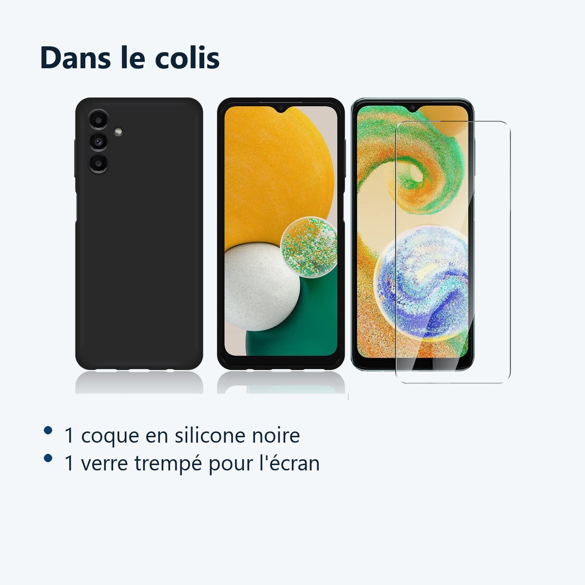 Contenu du colis – Coque Silicone Noir + Verre Trempe Pour Samsung A04S / A13 5G