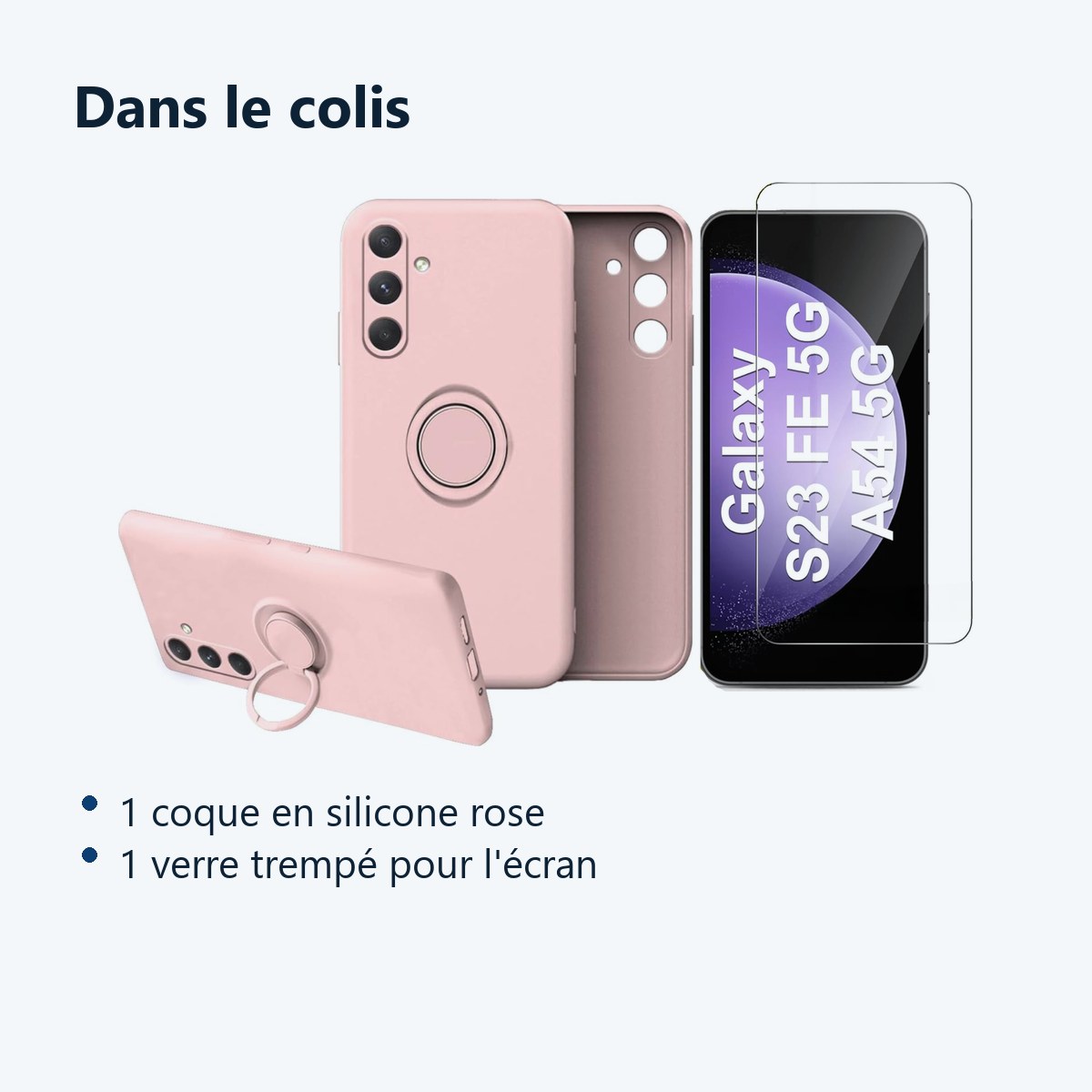 Contenu du colis – Coque Silicone Pour Samsung Galaxy S23 FE Couleur Rose Avec Anneau Support + Verre Trempe Protection Ecran