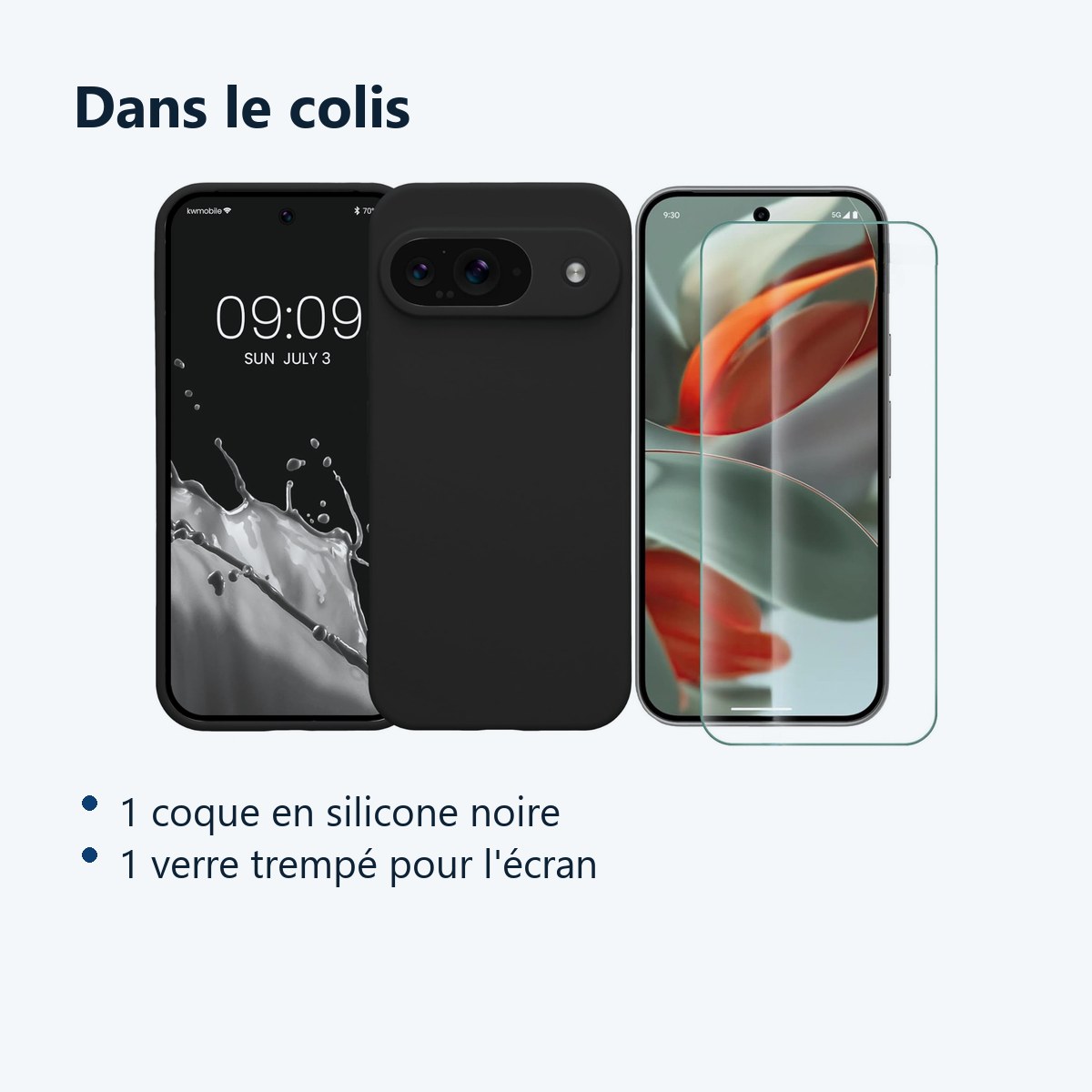 Contenu du colis – Coque Silicone Noir + Verre Trempe Pour Google Pixel 9