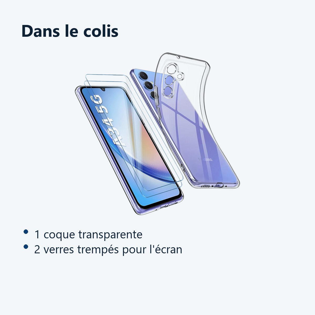 Contenu du colis – Coque Silicone Transparente + 2 Verres Trempes Pour Samsung Galaxy A34 5G