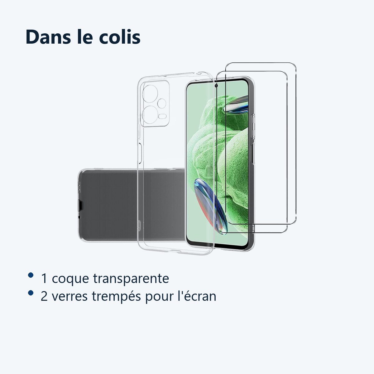 Contenu du colis – Coque Silicone Transparente + 2 Verres Trempes Pour Xiaomi Redmi Note 12 5G