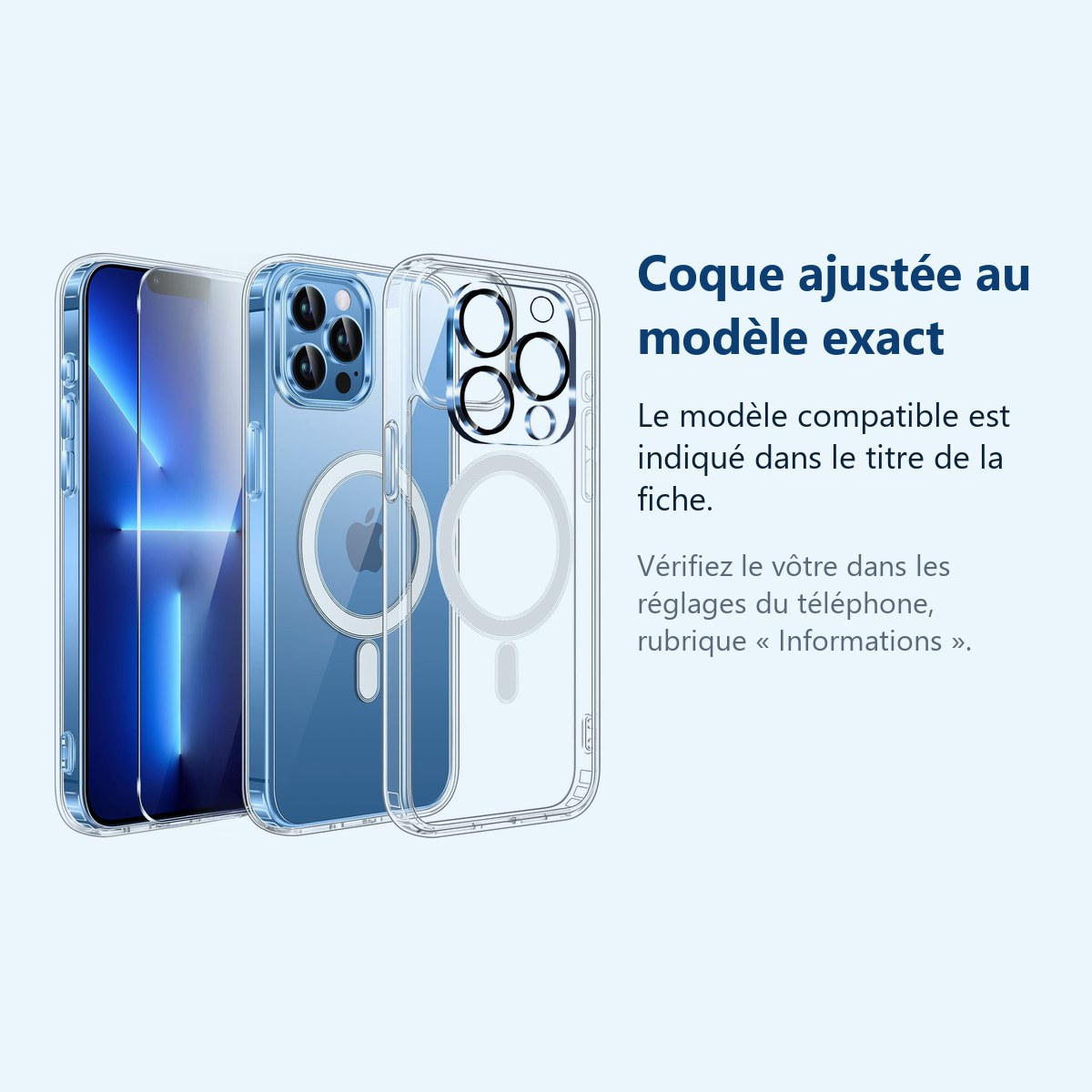 Accessoire ajusté au modèle exact – Coque Silicone Transparente Compatible Magsafe + Verre Trempes et Protection Camera Arrie