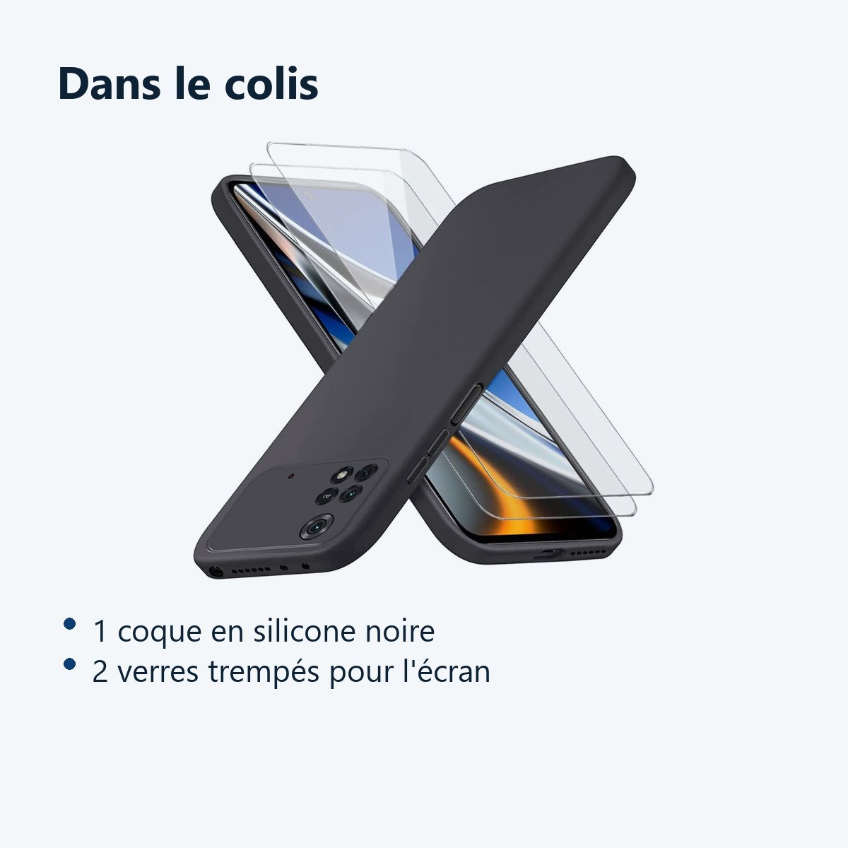 Contenu du colis – Coque Silicone Noir + 2 Verres Trempes Pour Poco X4 Pro 5G
