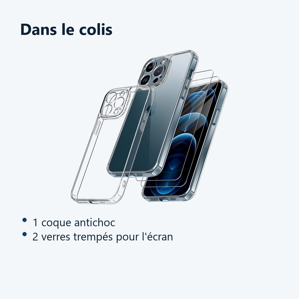Contenu du colis – Coque antichoc pour iPhone 12 Pro Max (6,7 pouces) et 2 Verres Trempé Film Protection Ecran