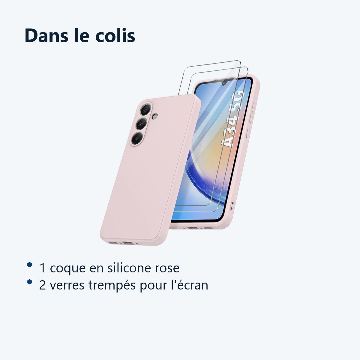 Contenu du colis – Coque Silicone Rose + 2 Verres Trempes Pour Samsung Galaxy A34 5G