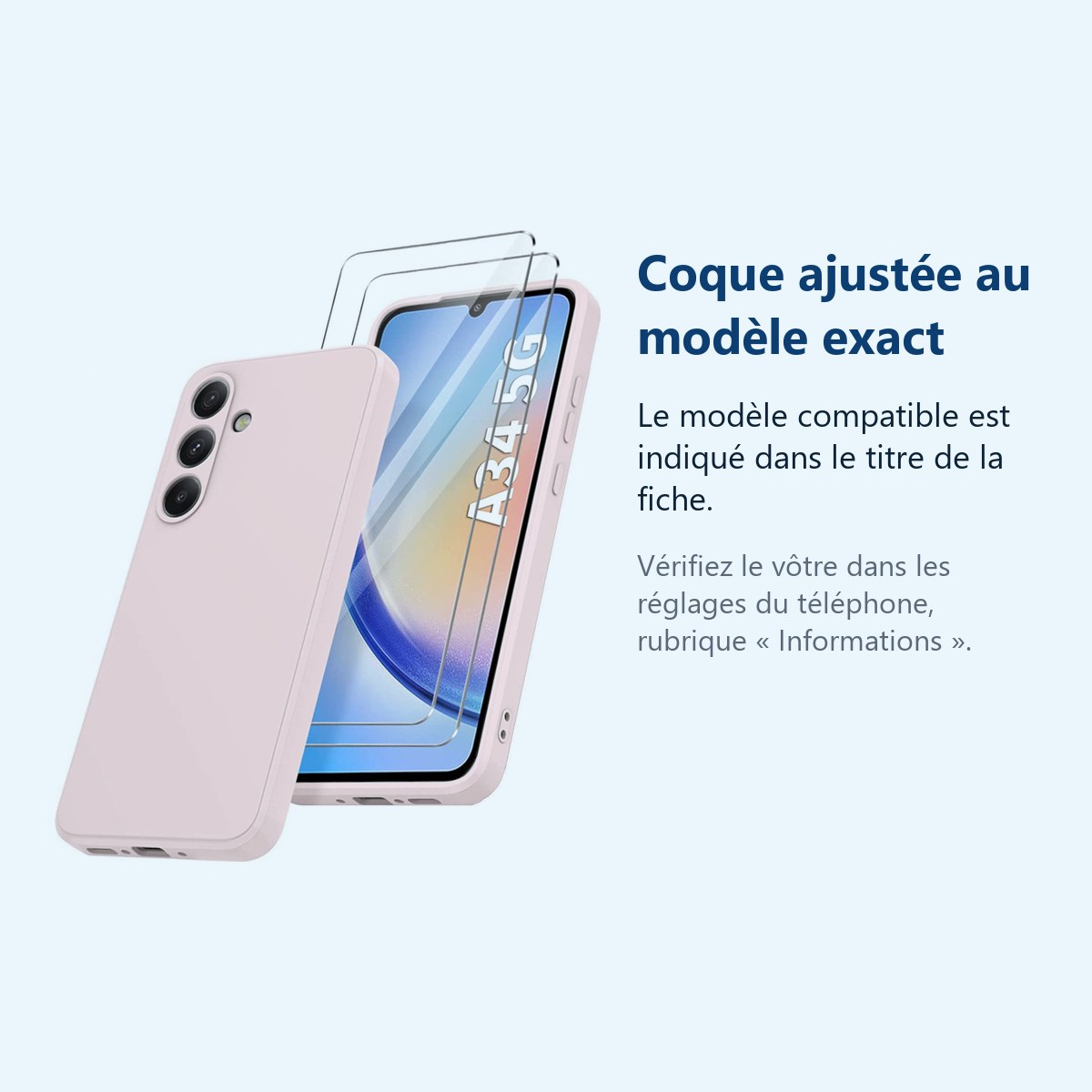 Accessoire ajusté au modèle exact – Coque Silicone Rose + 2 Verres Trempes Pour Samsung Galaxy A34 5G