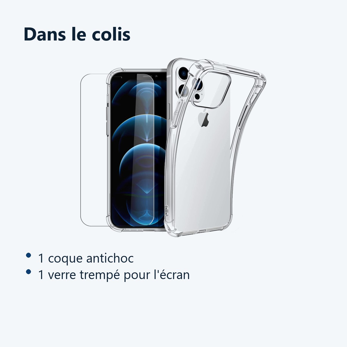 Contenu du colis – Coque antichoc pour iPhone 12 Pro Max (6,7 pouces) et Verre Trempé Film Protection Ecran