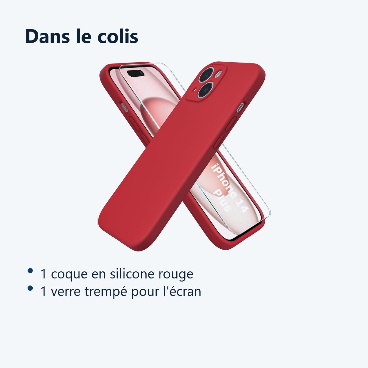 Contenu du colis – Coque Silicone Rouge + Verre Trempe Pour iPhone 14 Plus