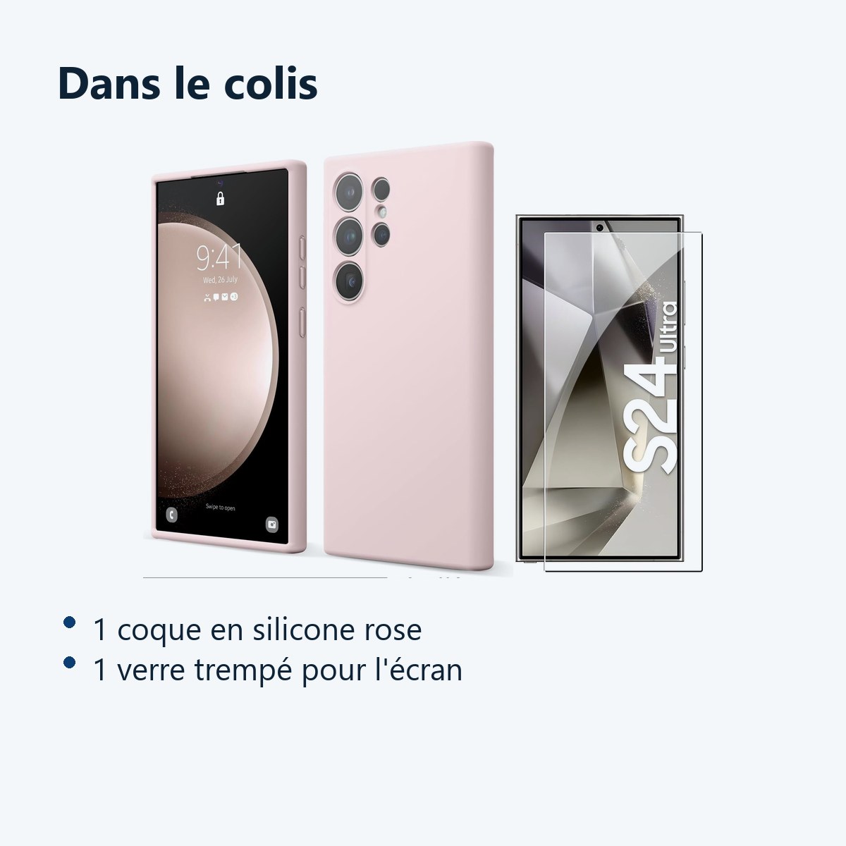 Contenu du colis – Coque Pour Samsung Galaxy S24 Ultra Silicone Rose + Verre Trempe