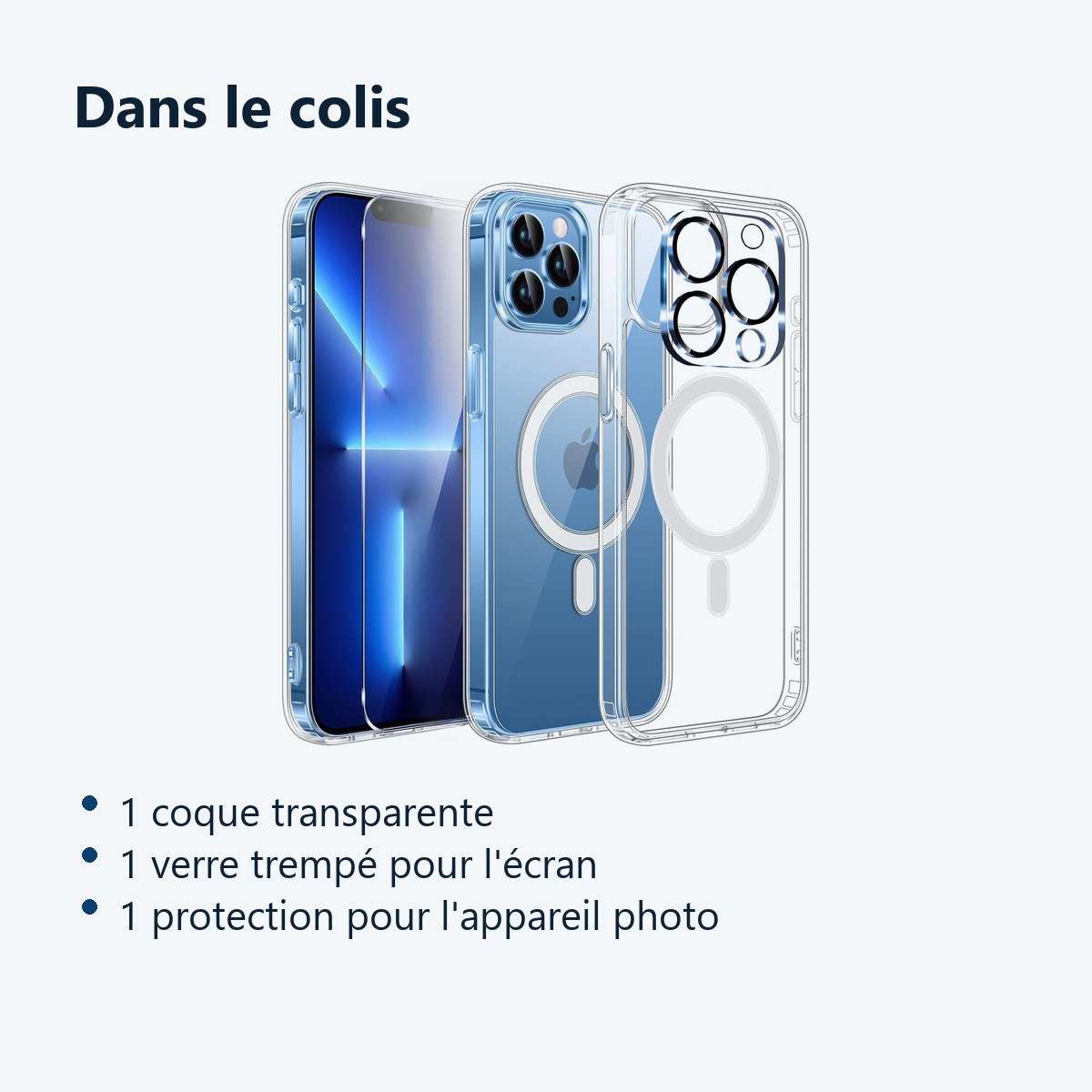 Contenu du colis – Coque Silicone Transparente Compatible Magsafe + Verre Trempes et Protection Camera Arriere Pour iPhone 13