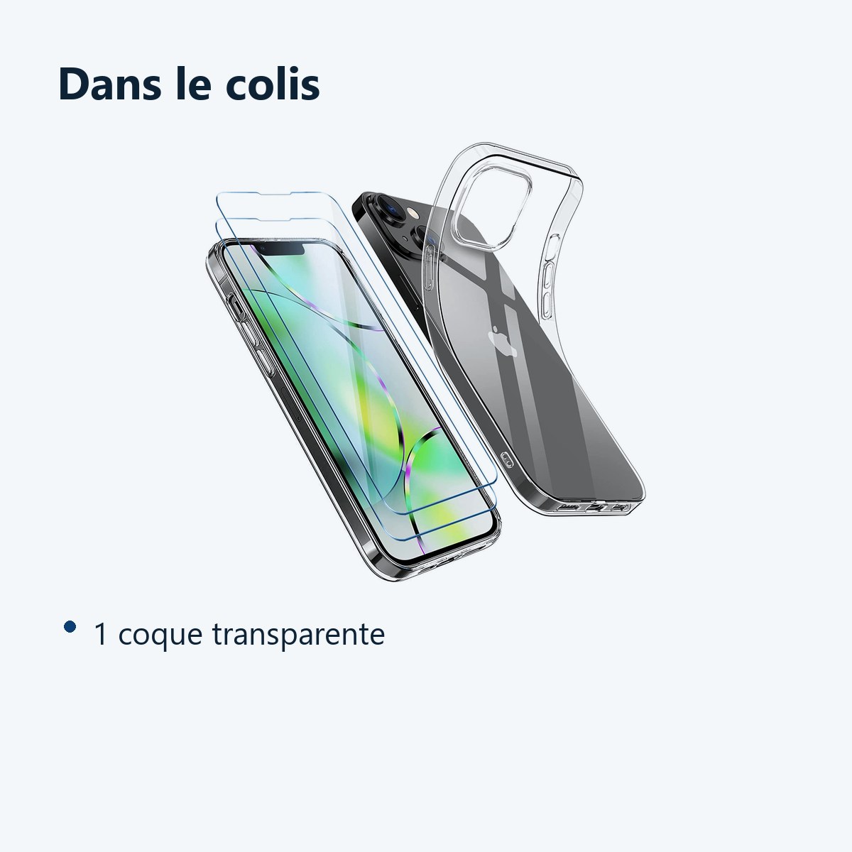 Contenu du colis – Coque Silicone Transparente + 2 Vitres Protection Ecran Pour Apple iPhone 14 Plus