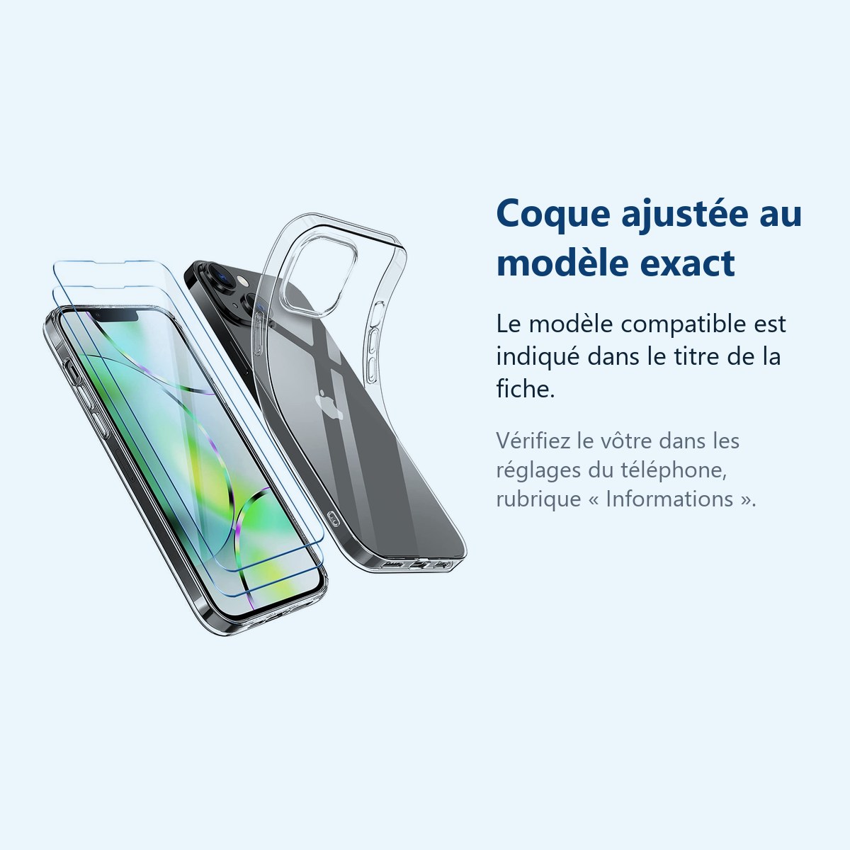 Accessoire ajusté au modèle exact – Coque Silicone Transparente + 2 Vitres Protection Ecran Pour Apple iPhone 14 Plus
