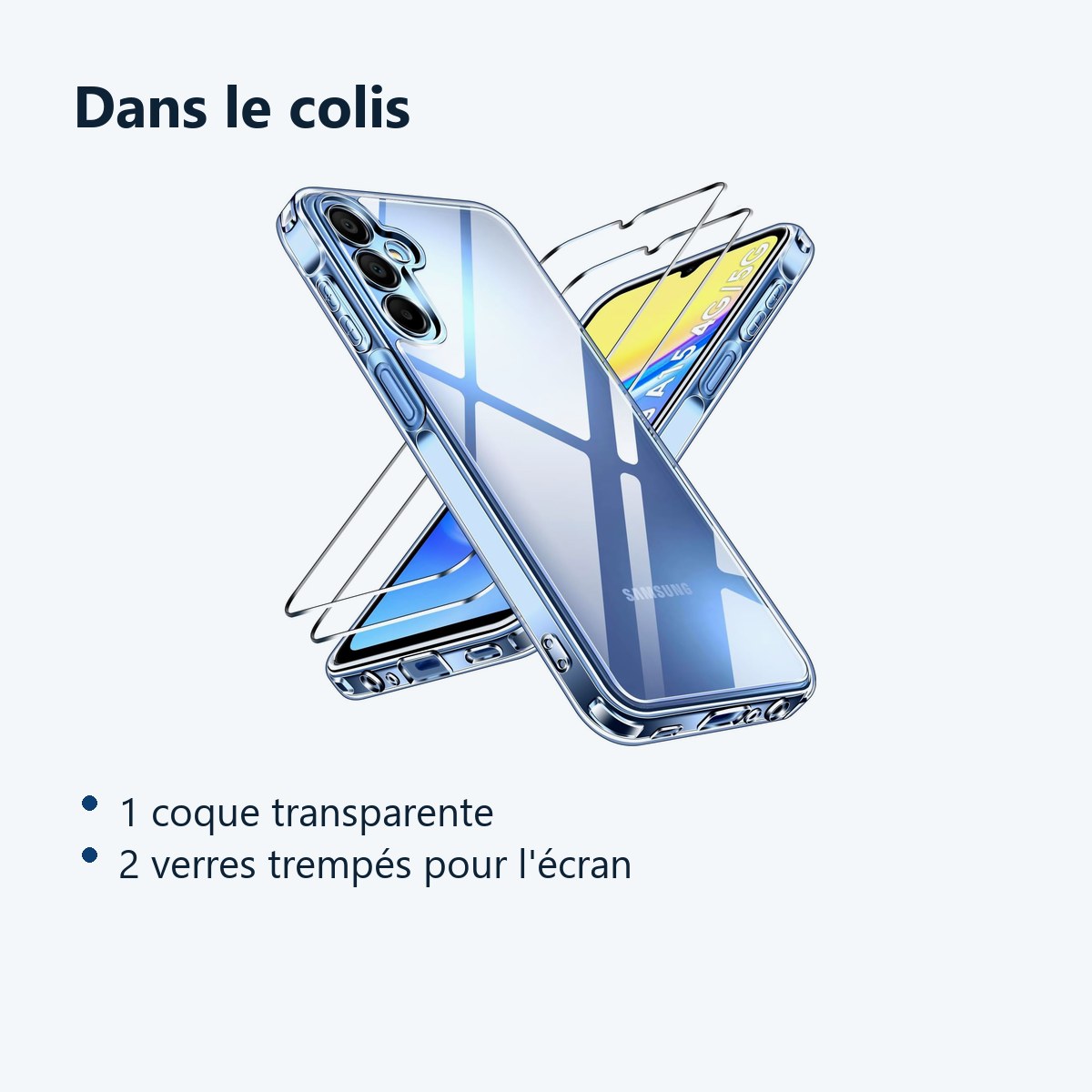 Contenu du colis – Coque Silicone Transparente + 2 Verres Trempes Pour Samsung Galaxy A15