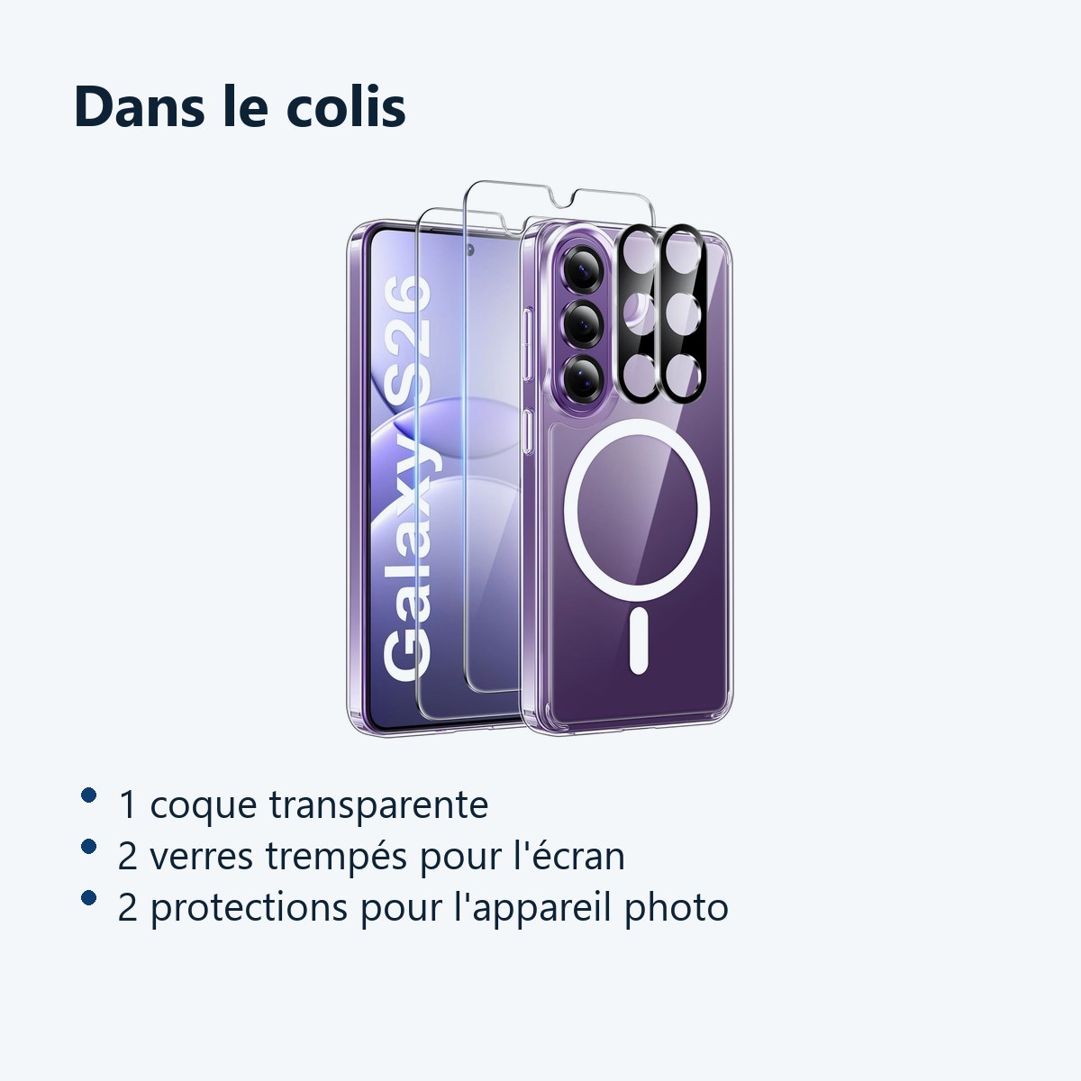 Contenu du colis – Coque Silicone Transparente Compatible Magsafe + Verres Trempes et Protections Camera Arriere X2 Pour Sams