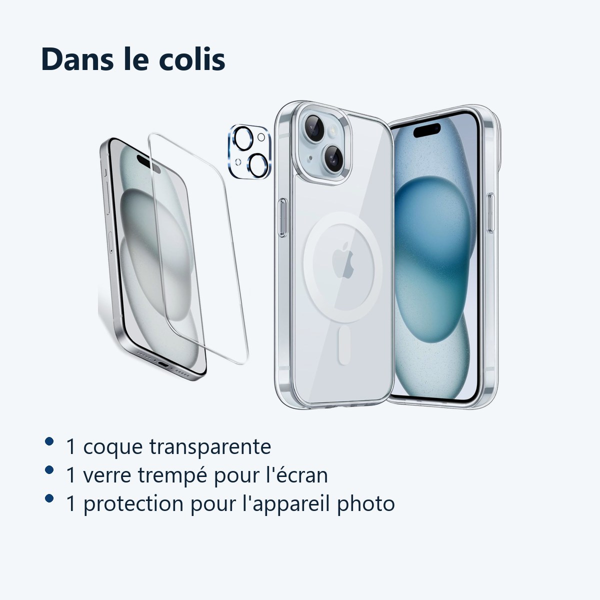Contenu du colis – Coque Silicone Transparente Compatible Magsafe + Verre Trempes et Protection Camera Arriere Pour iPhone 15