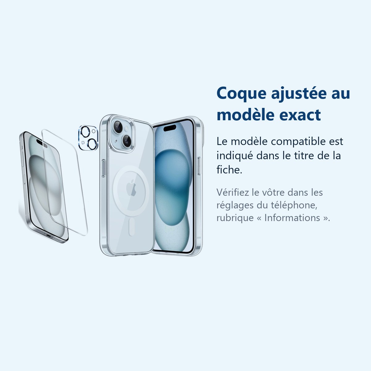 Accessoire ajusté au modèle exact – Coque Silicone Transparente Compatible Magsafe + Verre Trempes et Protection Camera Arrie