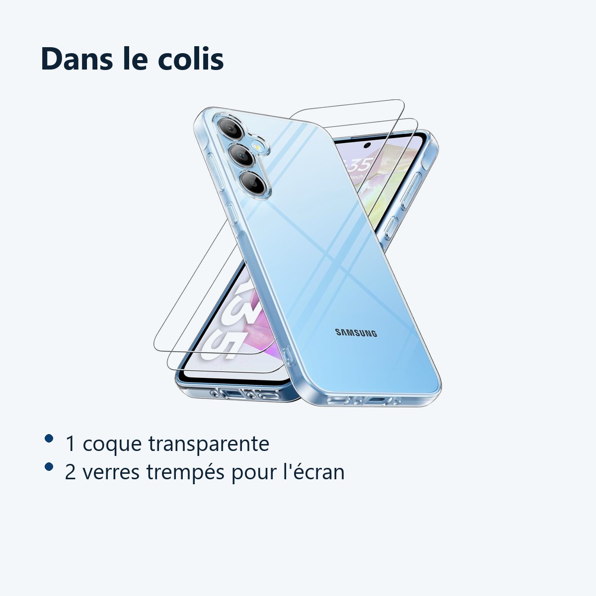 Contenu du colis – Coque Silicone Transparente + 2 Verres Trempes Pour Samsung Galaxy A35 5G