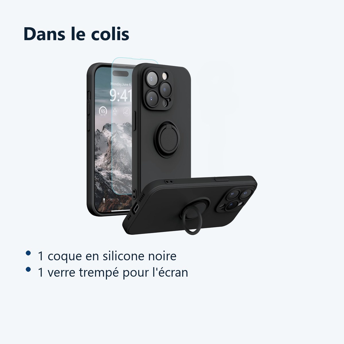 Contenu du colis – Coque Silicone Pour iPhone 14 Pro Couleur Noir Avec Anneau Support + Verre Trempe Protection Ecran