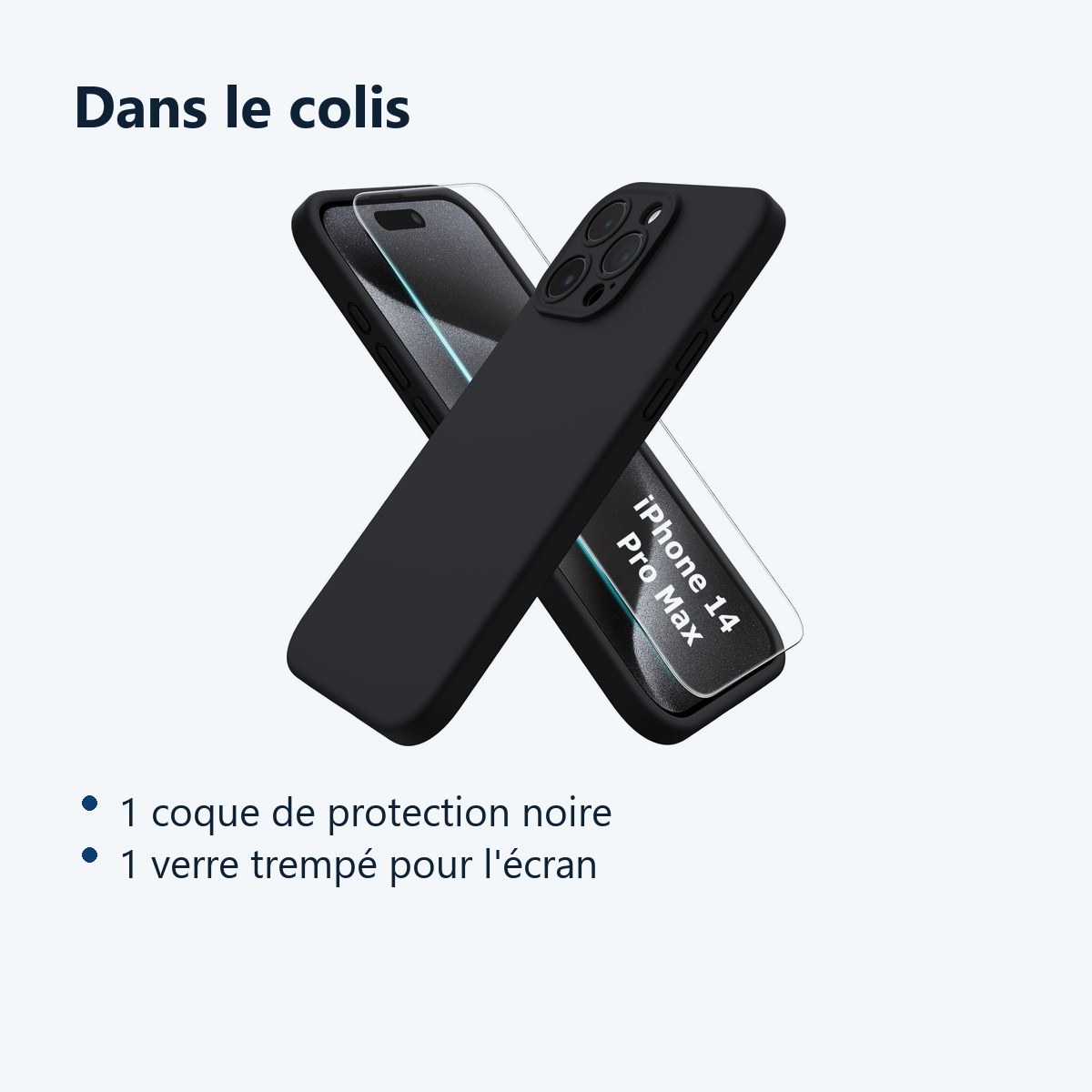 Contenu du colis – Coque Noir pour iPhone 14 Pro Max (6,7 pouces) et Verre Trempé Film Protection Ecran