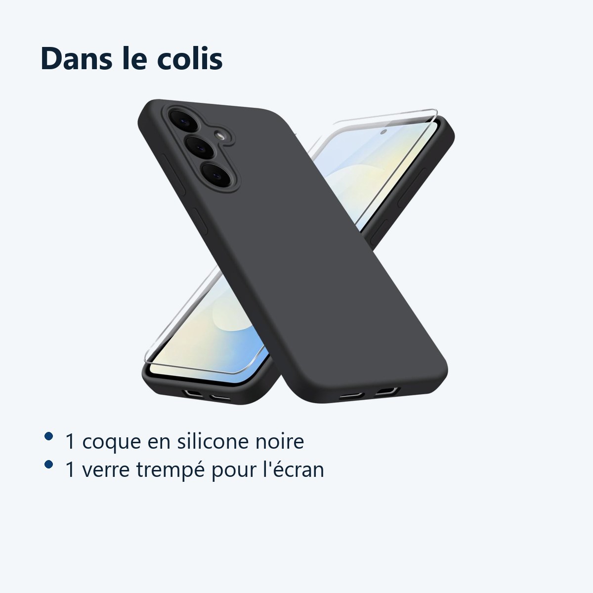 Contenu du colis – Coque Pour Samsung Galaxy S25 FE Silicone Noir + Verre Trempe