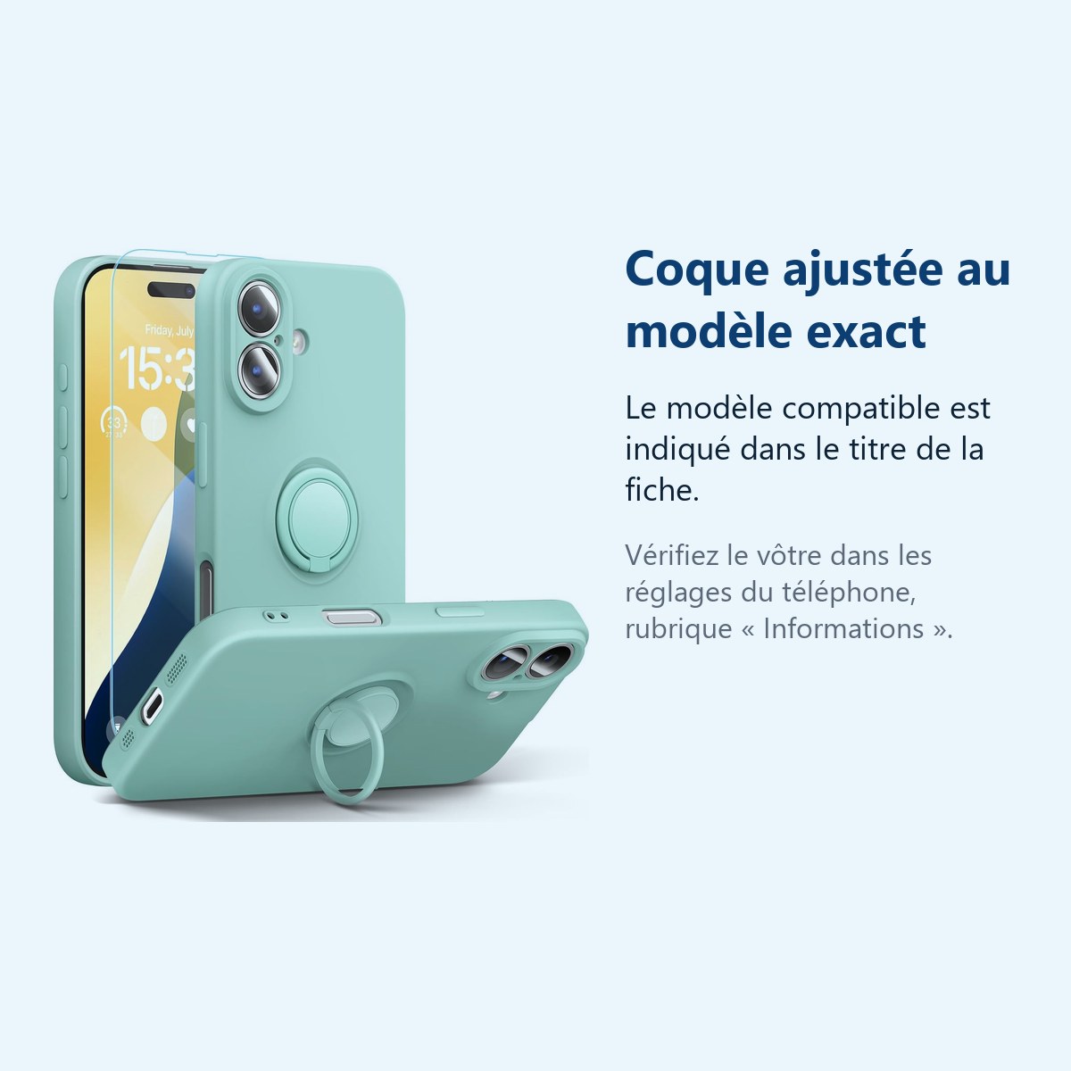 Accessoire ajusté au modèle exact – Coque Silicone Pour iPhone 16 Couleur Vert Avec Anneau Support + Verre Trempe Protection