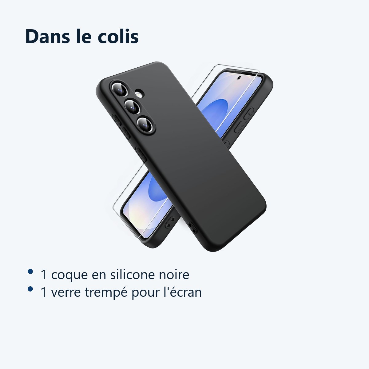 Contenu du colis – Coque Pour Samsung Galaxy S25 Plus Silicone Noir + Verre Trempe
