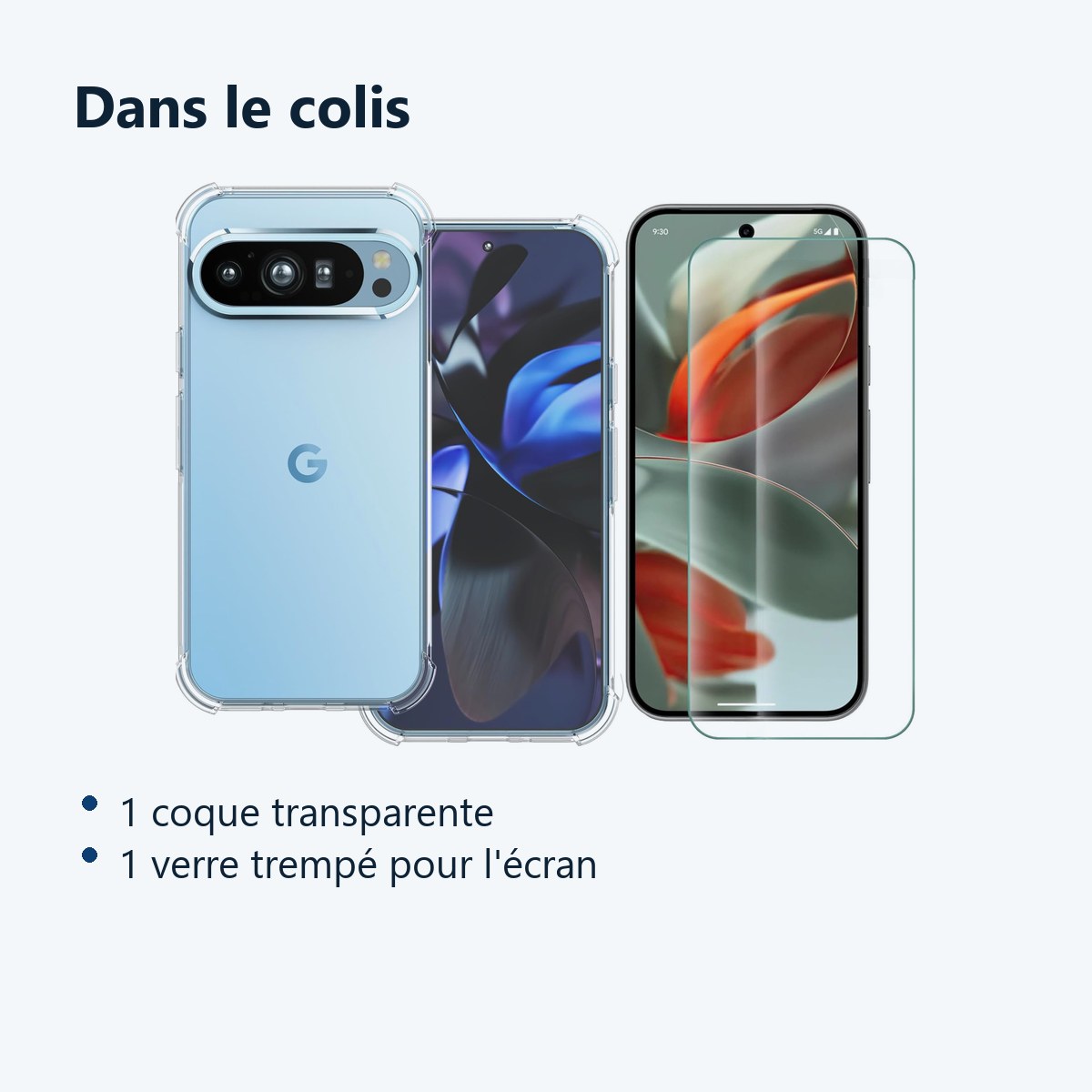 Contenu du colis – Coque Silicone Transparente Angles Renforces + Verre Trempe Pour Google Pixel 9 / Pixel 9 Pro