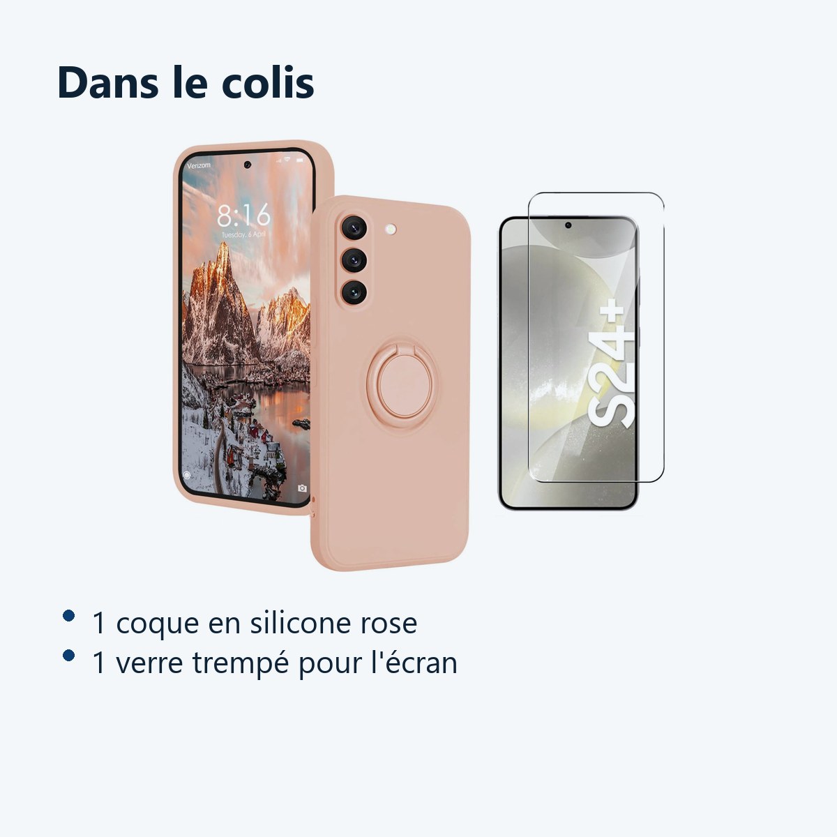 Contenu du colis – Coque Silicone Pour Samsung Galaxy S24 Plus Couleur Rose Avec Anneau Support + Verre Trempe Protection Ecr
