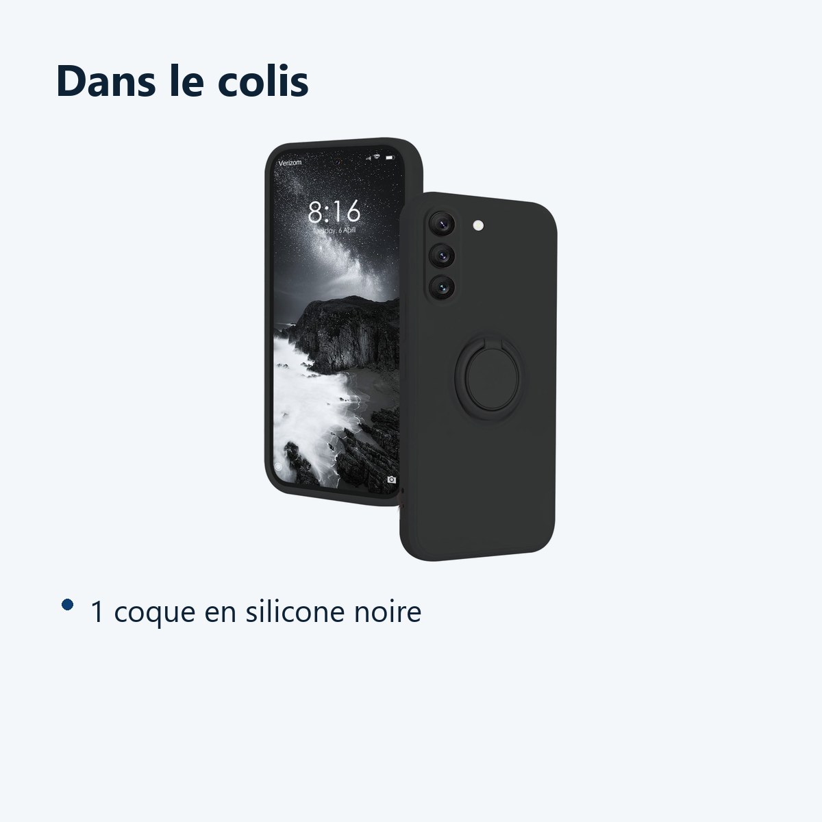 Contenu du colis – Coque Silicone Pour Samsung Galaxy S24 Plus Couleur Noir Avec Anneau Support