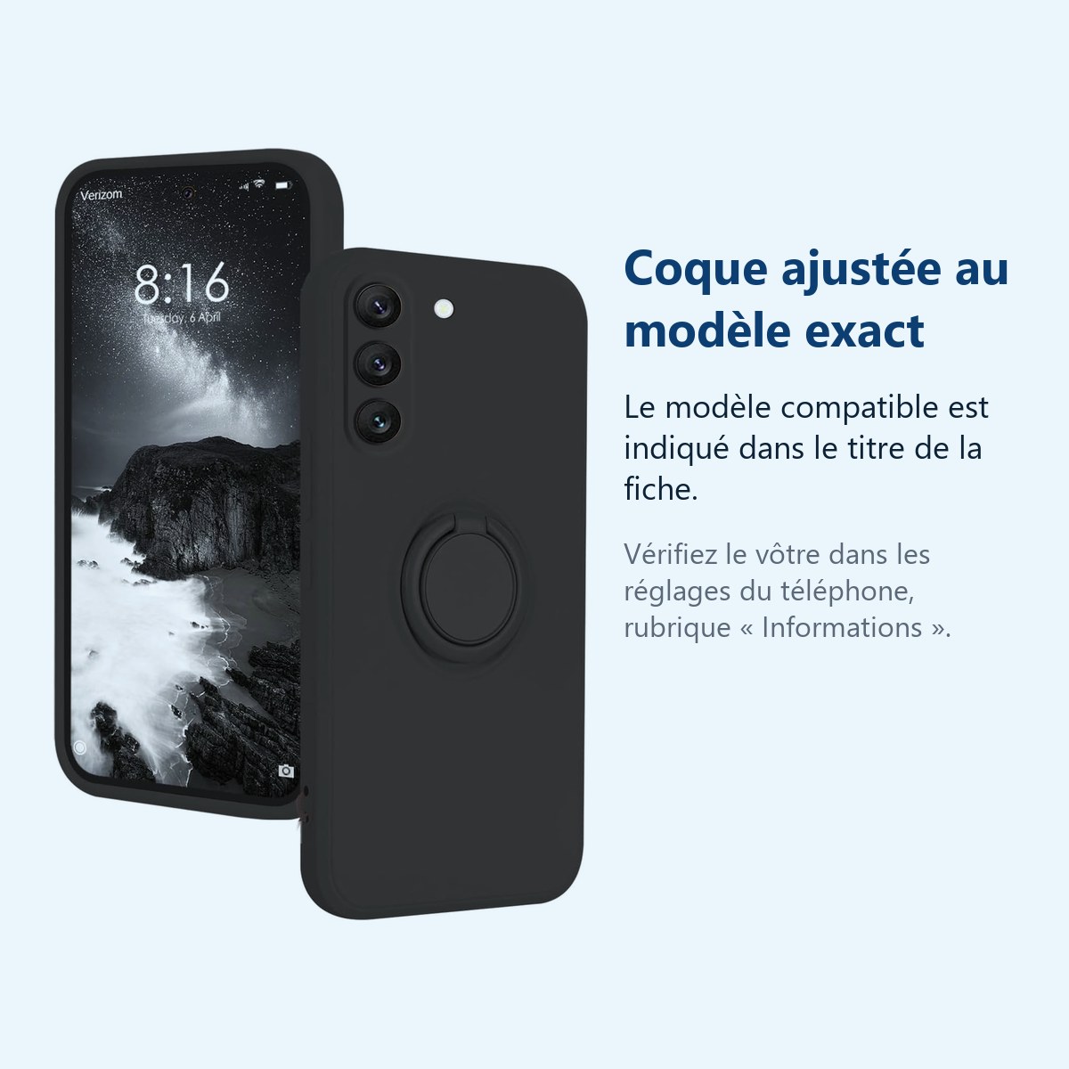 Accessoire ajusté au modèle exact – Coque Silicone Pour Samsung Galaxy S24 Plus Couleur Noir Avec Anneau Support