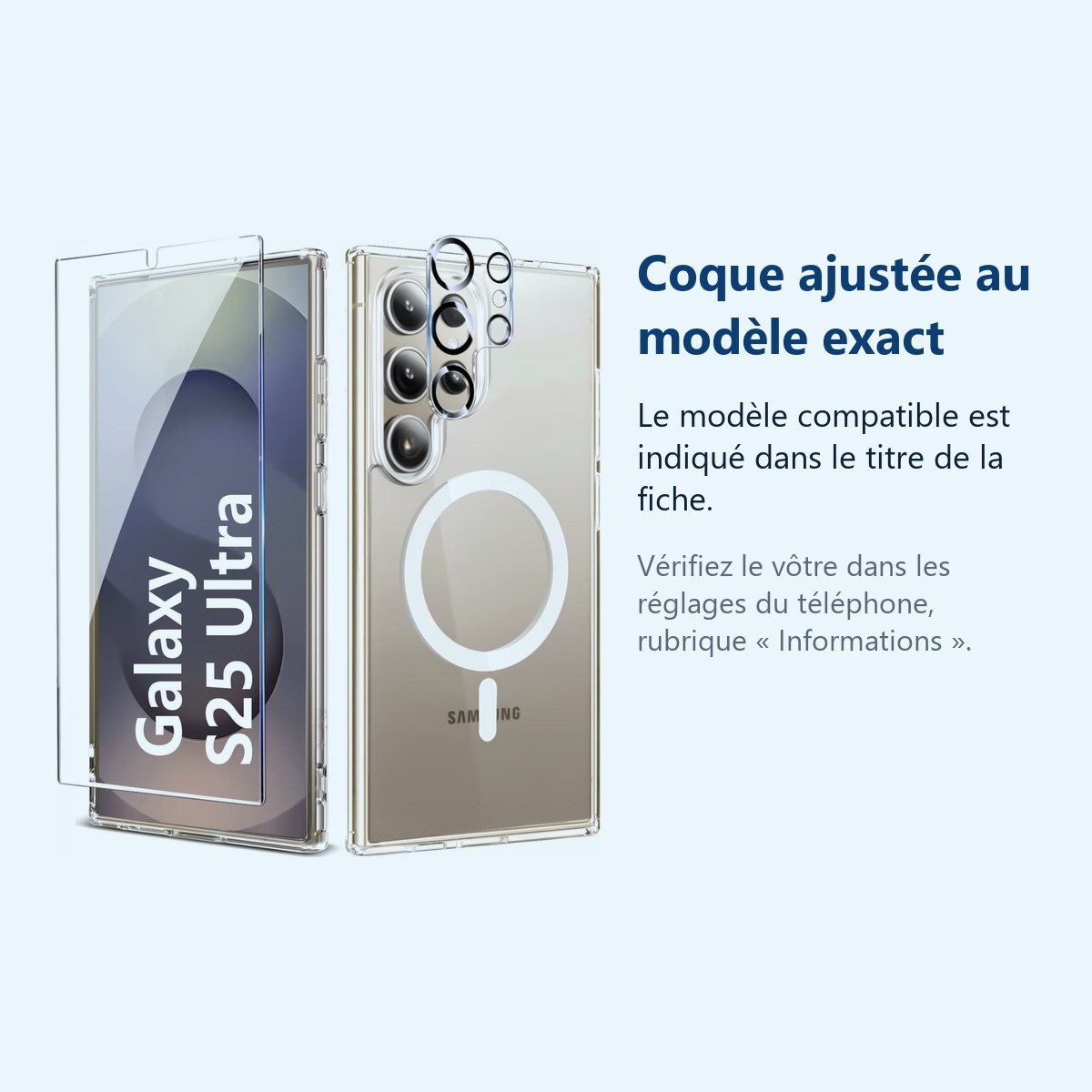 Accessoire ajusté au modèle exact – Coque Silicone Transparente Compatible Magsafe + Verre Trempes et Protection Camera Arrie