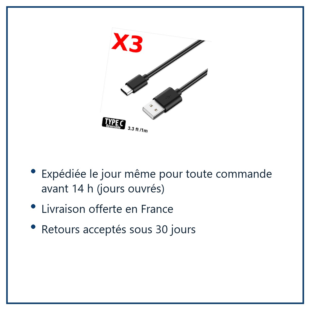 Expédition le jour même, livraison offerte, retours sous 30 jours – 3X Câble Type C Universel pour Samsung / Sony / Wiko / L