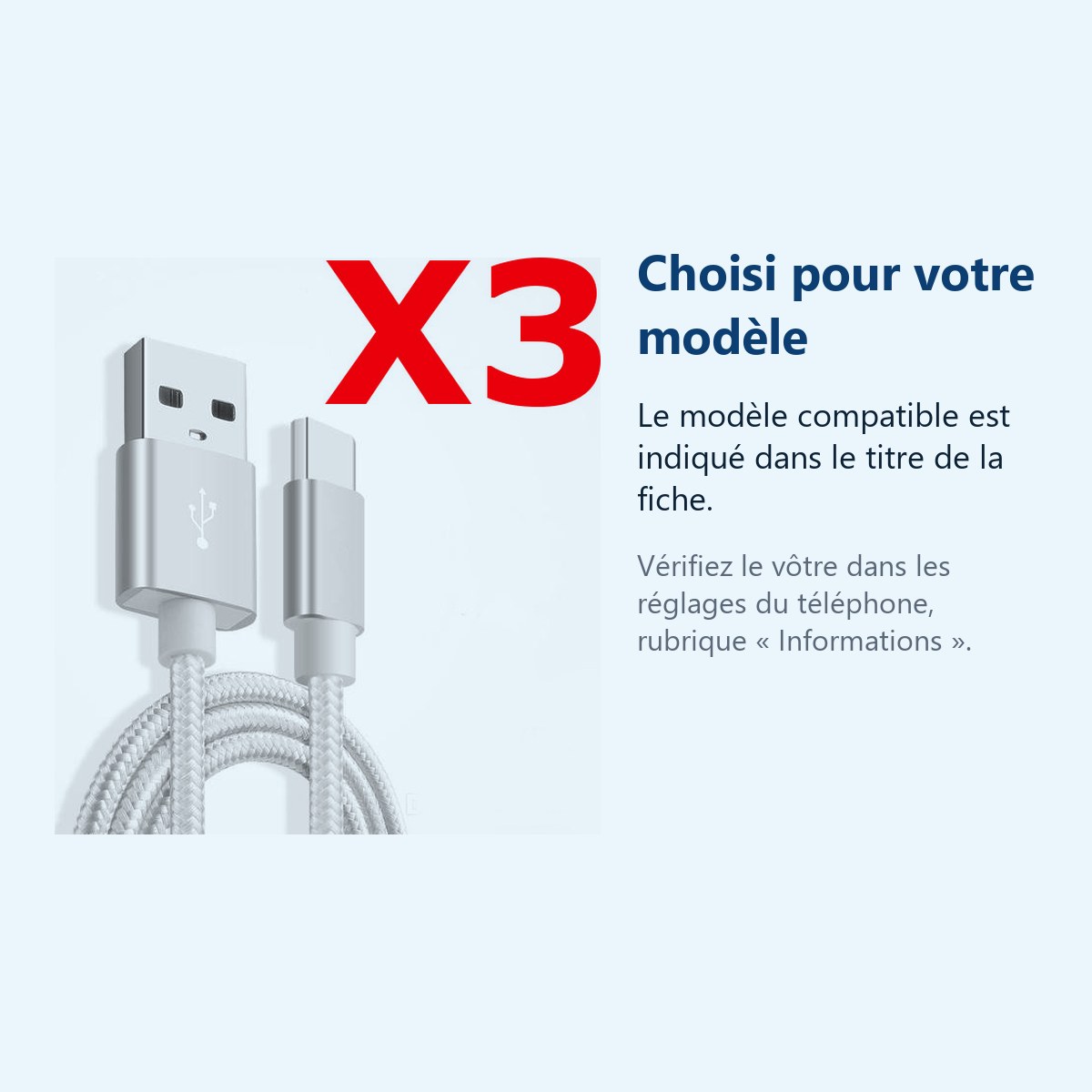 Accessoire ajusté au modèle exact – X3 Câble Metal Nylon Renforcé Chargeur USB/Type C Longueur 2m Couleur Argent Compatible S