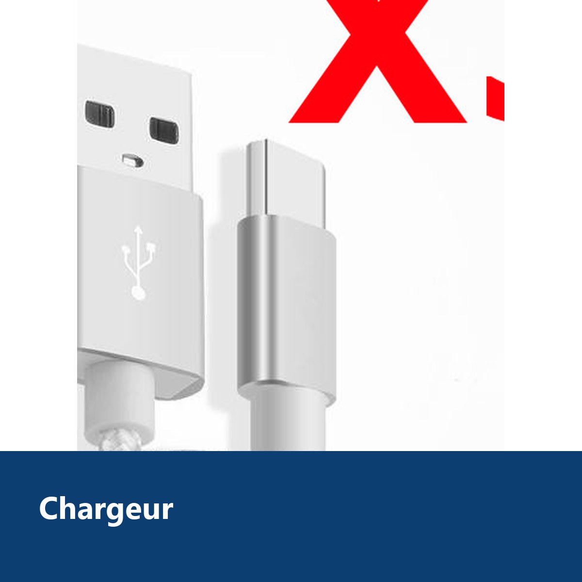 Vue de détail – X3 Câble Metal Nylon Renforcé Chargeur USB/Type C Longueur 2m Couleur Argent Compatible Samsung LG Sony Wiko