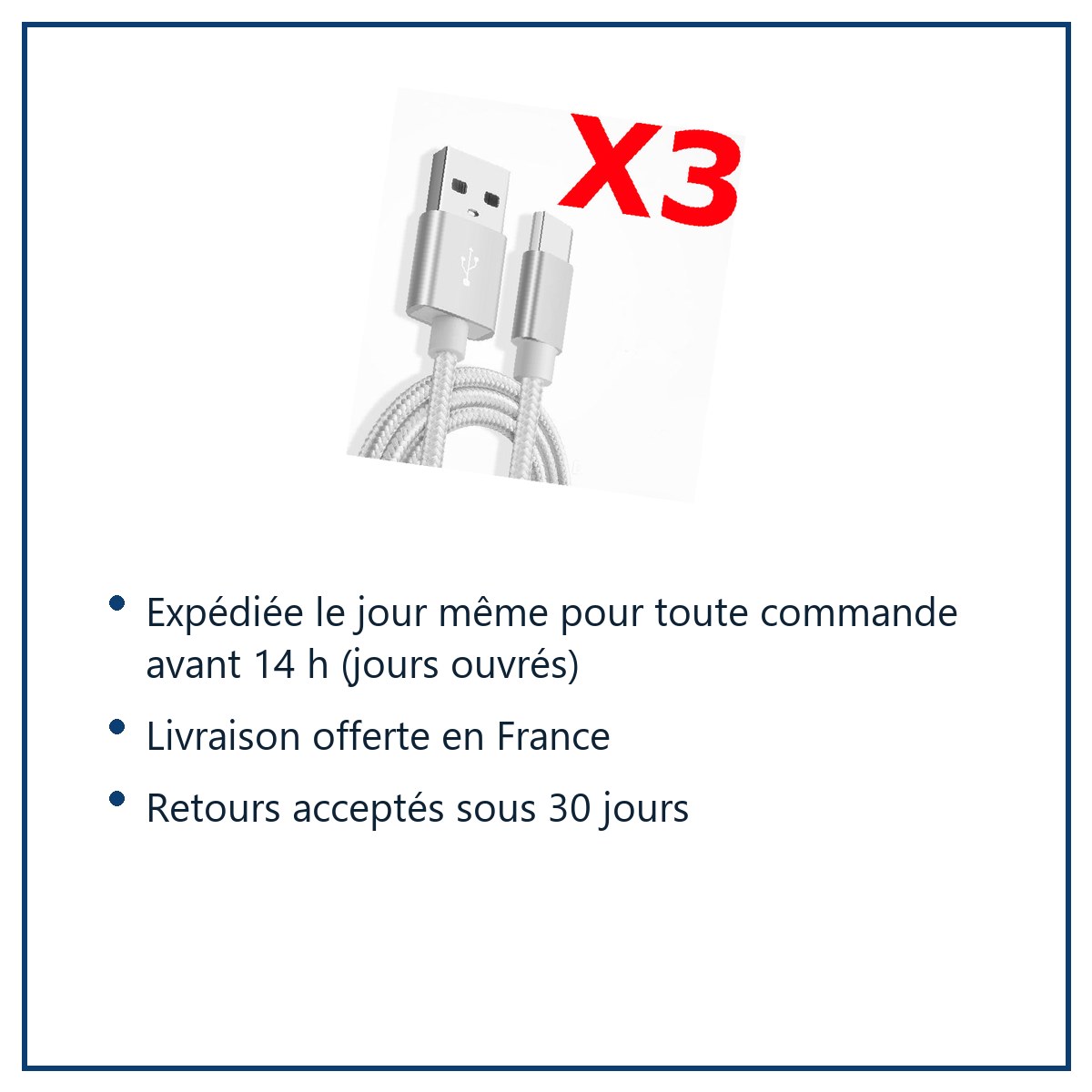 Expédition le jour même, livraison offerte, retours sous 30 jours – X3 Câble Metal Nylon Renforcé Chargeur USB/Type C Longueu