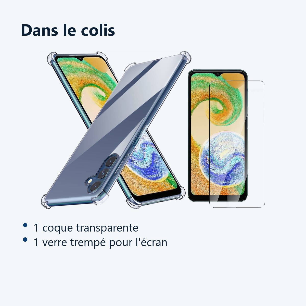 Contenu du colis – Coque Silicone Transparente Angles Renforces + Verre Trempe Pour Samsung A04S / A13 5G