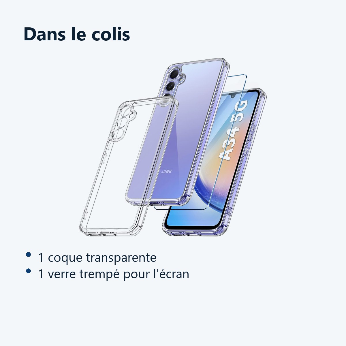 Contenu du colis – Coque Transparente pour Samsung Galaxy A34 5G (6,6 pouces) et Verre Trempé Film Protection Ecran