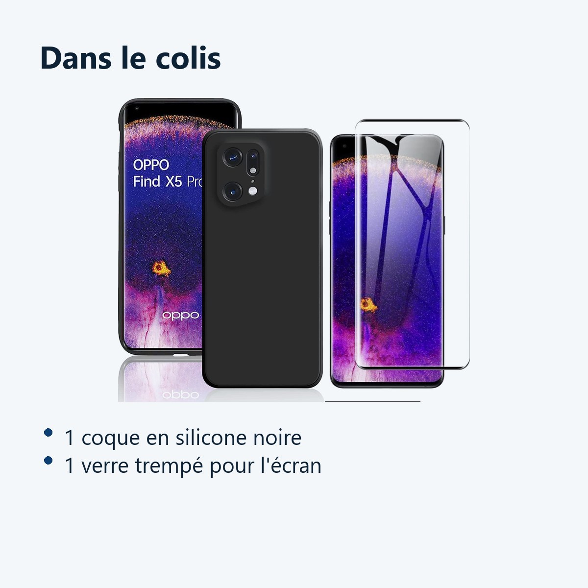 Contenu du colis – Coque Silicone Noir + Verre Trempe Pour Oppo Find X5 Pro