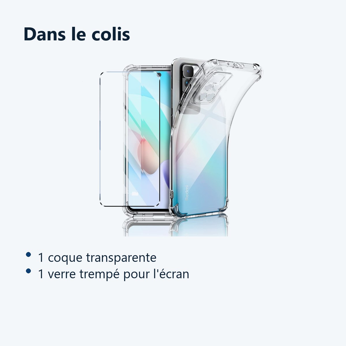 Contenu du colis – Coque Silicone Transparente Quatre Coins Renforces + Verre Trempe Pour Xiaomi Redmi 10