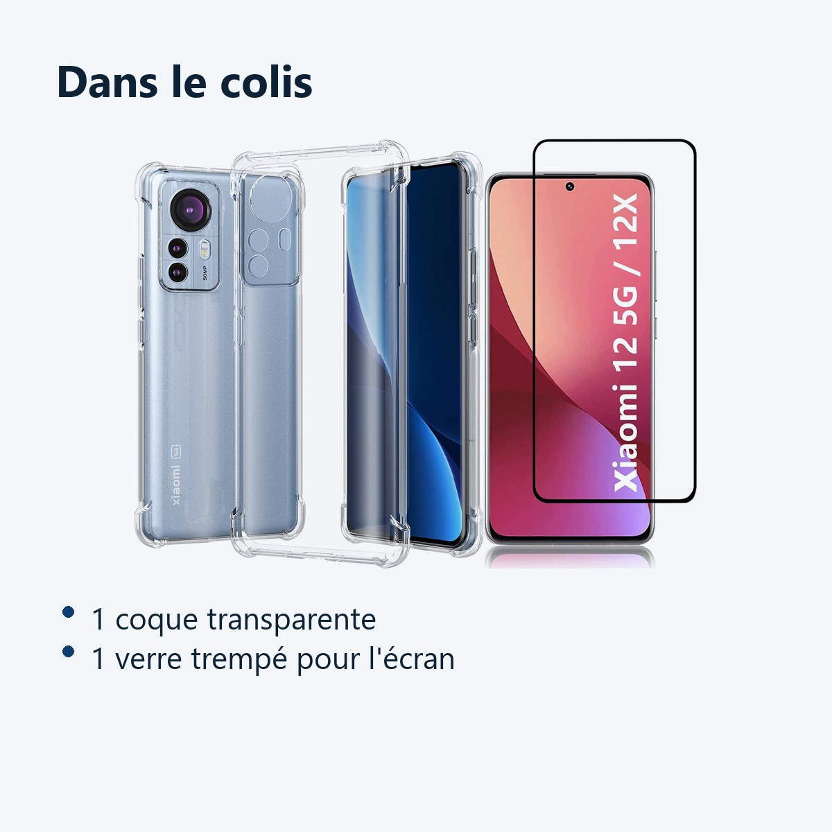 Contenu du colis – Coque Silicone Transparente Angles Renforces + Verre Trempe Pour Xiaomi 12 / 12x