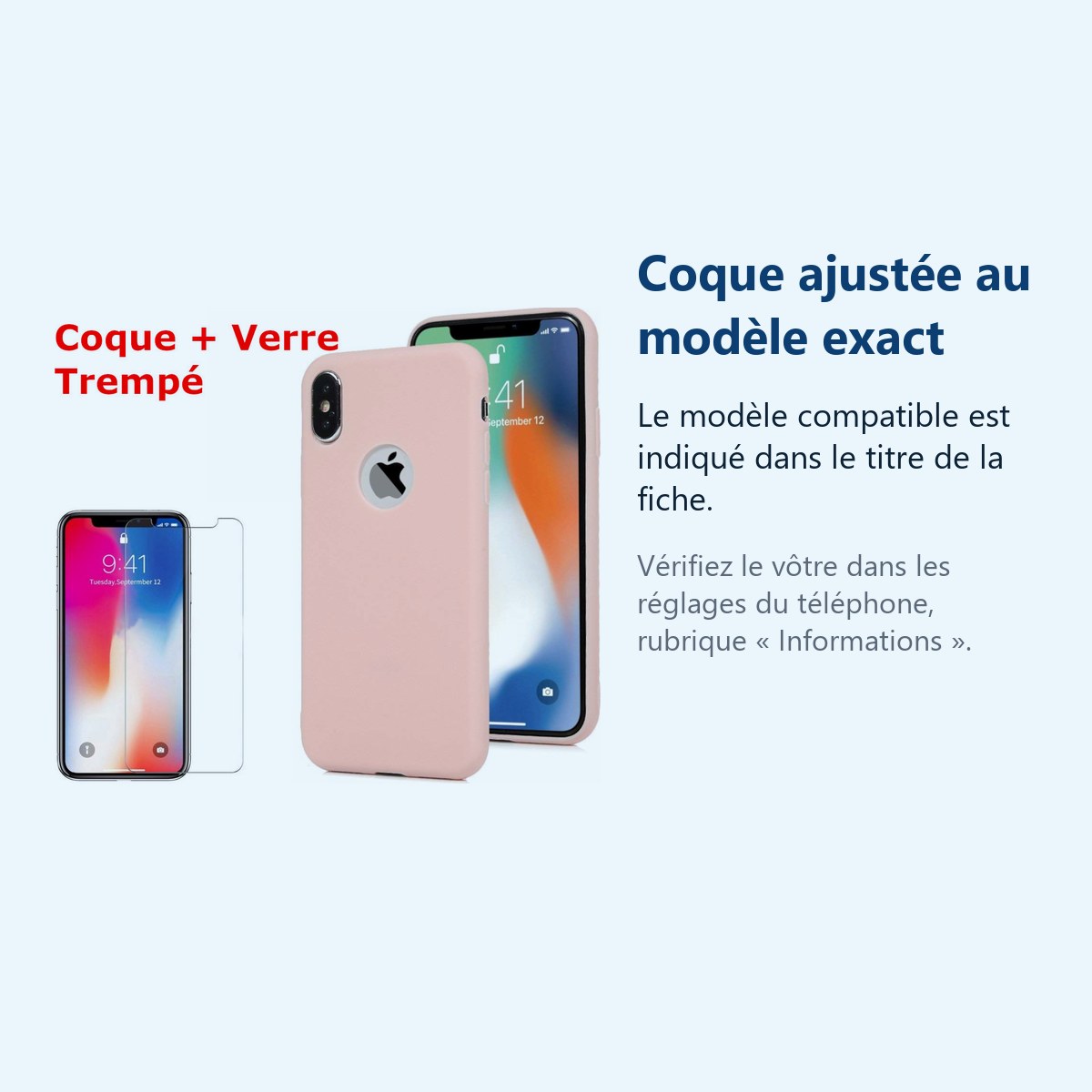 Accessoire ajusté au modèle exact – Coque Silicone pour iPhone X / Xs Rose Antichoc + 2 Verres Trempes