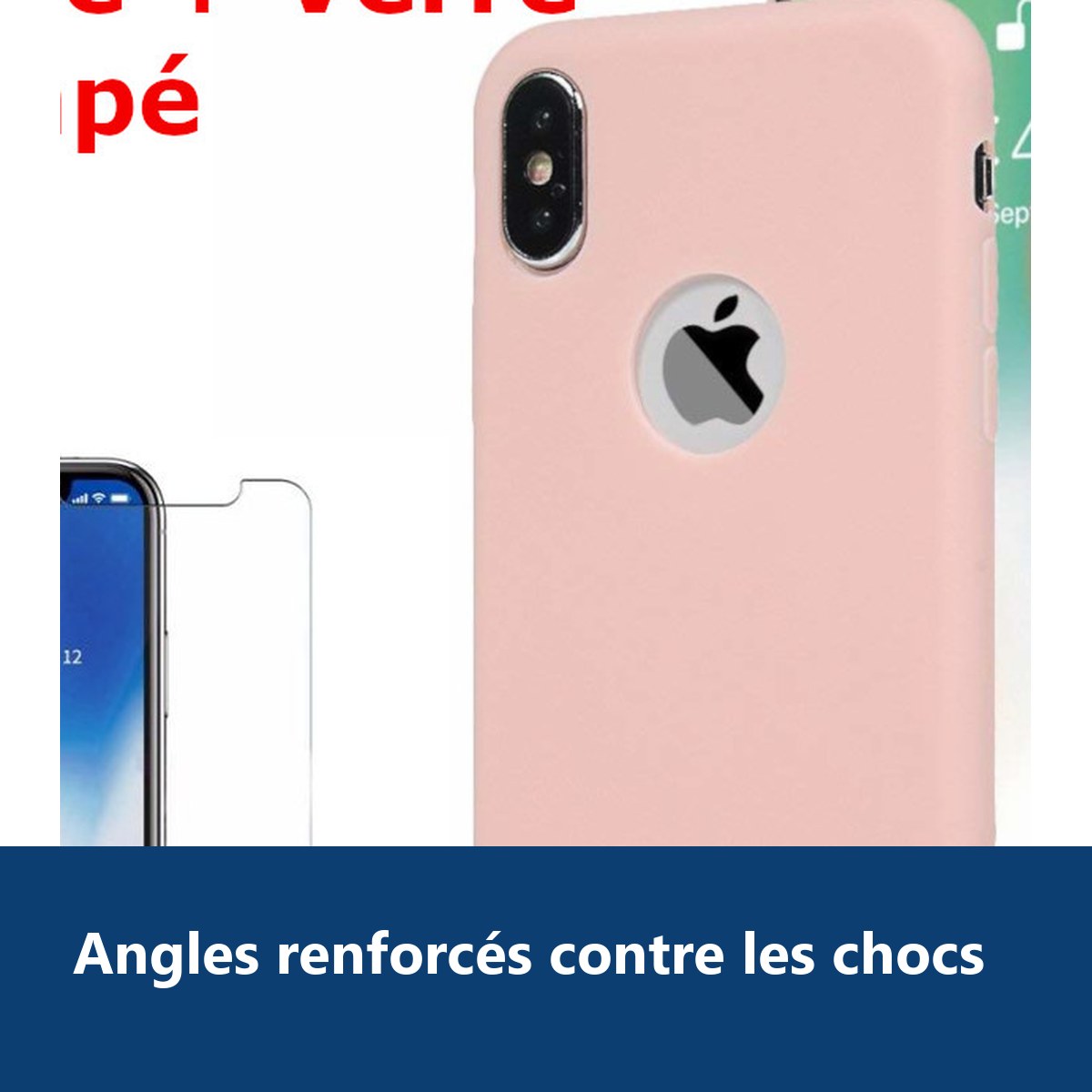 Vue de détail – Coque Silicone pour iPhone X / Xs Rose Antichoc + 2 Verres Trempes
